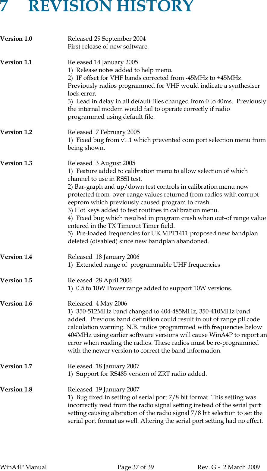 WinA4P Manual Page 37 of 39 Rev. G -  2 March 20097REVISION HISTORYVersion 1.0 Released 29 September 2004First release of new software.Version 1.1 Released 14 January 20051)  Release notes added to help menu.2)  IF offset for VHF bands corrected from -45MHz to +45MHz.Previously radios programmed for VHF would indicate a synthesiserlock error.3)  Lead in delay in all default files changed from 0 to 40ms.  Previouslythe internal modem would fail to operate correctly if radioprogrammed using default file.Version 1.2 Released  7 February 20051)  Fixed bug from v1.1 which prevented com port selection menu frombeing shown.Version 1.3 Released  3 August 20051)  Feature added to calibration menu to allow selection of whichchannel to use in RSSI test.2) Bar-graph and up/down test controls in calibration menu nowprotected from  over-range values returned from radios with corrupteeprom which previously caused program to crash.3) Hot keys added to test routines in calibration menu.4)  Fixed bug which resulted in program crash when out-of range valueentered in the TX Timeout Timer field.5)  Pre-loaded frequencies for UK MPT1411 proposed new bandplandeleted (disabled) since new bandplan abandoned.Version 1.4 Released  18 January 20061)  Extended range of  programmable UHF frequenciesVersion 1.5 Released  28 April 20061)  0.5 to 10W Power range added to support 10W versions.Version 1.6 Released  4 May 20061)  350-512MHz band changed to 404-485MHz, 350-410MHz bandadded.  Previous band definition could result in out of range pll codecalculation warning. N.B. radios programmed with frequencies below404MHz using earlier software versions will cause WinA4P to report anerror when reading the radios. These radios must be re-programmedwith the newer version to correct the band information.Version 1.7 Released  18 January 20071)  Support for RS485 version of ZRT radio added.Version 1.8 Released  19 January 20071)  Bug fixed in setting of serial port 7/8 bit format. This setting wasincorrectly read from the radio signal setting instead of the serial portsetting causing alteration of the radio signal 7/8 bit selection to set theserial port format as well. Altering the serial port setting had no effect.