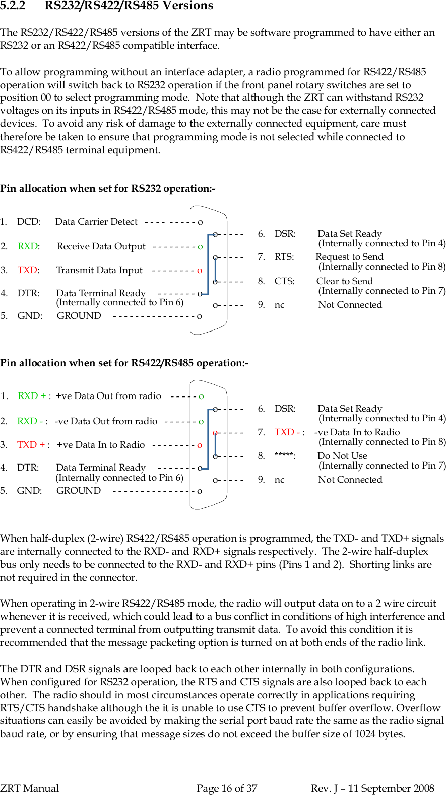 ZRT Manual Page 16 of 37 Rev. J – 11 September 20085.2.2 RS232/RS422/RS485 VersionsThe RS232/RS422/RS485 versions of the ZRT may be software programmed to have either anRS232 or an RS422/RS485 compatible interface.To allow programming without an interface adapter, a radio programmed for RS422/RS485operation will switch back to RS232 operation if the front panel rotary switches are set toposition 00 to select programming mode.  Note that although the ZRT can withstand RS232voltages on its inputs in RS422/RS485 mode, this may not be the case for externally connecteddevices.  To avoid any risk of damage to the externally connected equipment, care musttherefore be taken to ensure that programming mode is not selected while connected toRS422/RS485 terminal equipment.Pin allocation when set for RS232 operation:-                                                                          o- - - - -      9.    nc              Not Connected 4.    DTR:       Data Terminal Ready     - - - - - - - o(Internally connected to Pin 6)                                                                          o- - - - -      8.    CTS:         Clear to Send                                                                                                                      (Internally connected to Pin 7) 3.:       Transmit Data Input    - - - - - - - -TXDo                                                                           - - - - -      7.    RTS:         Request to Sendo (Internally connected to Pin 8) 2.     :       Receive Data Output   - - - - - - - -RXD o                                                                          o- - - - -      6.    DSR:         Data Set Ready                                                                                                                      (Internally connected to Pin 4) 5.GND:      GROUND     - - - - - - - - - - - - - - - o 1.    Data Carrier Detect   - - - -  - - - - -DCD:      oPin allocation when set for RS422/RS485 operation:-                                                                          o- - - - -      9.    nc              Not Connected 4.    DTR:       Data Terminal Ready     - - - - - - - o(Internally connected to Pin 6)                                                                          o- - - - -      8.    *****:         Do Not Use(Internally connected to Pin 7) 3. :   +ve Data In to Radio   - - - - - - - -TXD +o                                                                          - - - - -      7.  :    -ve Data In to RadiooTXD -(Internally connected to Pin 8) 2.     :   -ve Data Out from radio   - - - - - -RXD - o                                                                          o- - - - -      6.    DSR:         Data Set Ready                                                                                                                      (Internally connected to Pin 4) 5.GND:      GROUND     - - - - - - - - - - - - - - - o 1.     :  +ve Data Out from radio    - - - - -RXD + oWhen half-duplex (2-wire) RS422/RS485 operation is programmed, the TXD- and TXD+ signalsare internally connected to the RXD- and RXD+ signals respectively.  The 2-wire half-duplexbus only needs to be connected to the RXD- and RXD+ pins (Pins 1 and 2).  Shorting links arenot required in the connector.When operating in 2-wire RS422/RS485 mode, the radio will output data on to a 2 wire circuitwhenever it is received, which could lead to a bus conflict in conditions of high interference andprevent a connected terminal from outputting transmit data.  To avoid this condition it isrecommended that the message packeting option is turned on at both ends of the radio link.The DTR and DSR signals are looped back to each other internally in both configurations.When configured for RS232 operation, the RTS and CTS signals are also looped back to eachother.  The radio should in most circumstances operate correctly in applications requiringRTS/CTS handshake although the it is unable to use CTS to prevent buffer overflow. Overflowsituations can easily be avoided by making the serial port baud rate the same as the radio signalbaud rate, or by ensuring that message sizes do not exceed the buffer size of 1024 bytes.