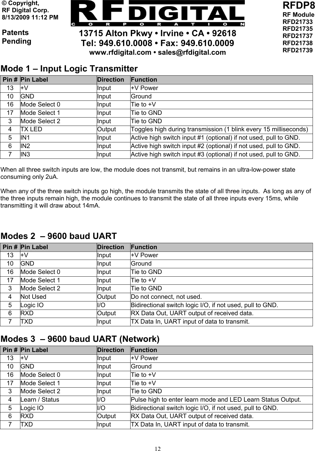    13715 Alton Pkwy • Irvine • CA • 92618 Tel: 949.610.0008 • Fax: 949.610.0009 www.rfdigital.com • sales@rfdigital.com   12© Copyright, RF Digital Corp.   8/13/2009 11:12 PM  Patents Pending RFDP8 RF Module RFD21733 RFD21735 RFD21737 RFD21738 RFD21739  Mode 1 – Input Logic Transmitter Pin #  Pin Label  Direction  Function 13 +V  Input  +V Power 10 GND  Input  Ground 16  Mode Select 0  Input  Tie to +V 17  Mode Select 1  Input  Tie to GND 3  Mode Select 2  Input  Tie to GND 4  TX LED  Output  Toggles high during transmission (1 blink every 15 milliseconds) 5  IN1  Input  Active high switch input #1 (optional) if not used, pull to GND. 6  IN2  Input  Active high switch input #2 (optional) if not used, pull to GND. 7  IN3  Input  Active high switch input #3 (optional) if not used, pull to GND.  When all three switch inputs are low, the module does not transmit, but remains in an ultra-low-power state consuming only 2uA.  When any of the three switch inputs go high, the module transmits the state of all three inputs.  As long as any of the three inputs remain high, the module continues to transmit the state of all three inputs every 15ms, while transmitting it will draw about 14mA.   Modes 2  – 9600 baud UART Pin #  Pin Label  Direction  Function 13 +V  Input  +V Power 10 GND  Input  Ground 16  Mode Select 0  Input  Tie to GND 17  Mode Select 1  Input  Tie to +V 3  Mode Select 2  Input  Tie to GND 4  Not Used  Output  Do not connect, not used. 5  Logic IO  I/O  Bidirectional switch logic I/O, if not used, pull to GND. 6  RXD  Output  RX Data Out, UART output of received data. 7  TXD  Input  TX Data In, UART input of data to transmit. Modes 3  – 9600 baud UART (Network) Pin #  Pin Label  Direction  Function 13 +V  Input  +V Power 10 GND  Input  Ground 16  Mode Select 0  Input  Tie to +V 17  Mode Select 1  Input  Tie to +V 3  Mode Select 2  Input  Tie to GND 4  Learn / Status  I/O  Pulse high to enter learn mode and LED Learn Status Output. 5  Logic IO  I/O  Bidirectional switch logic I/O, if not used, pull to GND. 6  RXD  Output  RX Data Out, UART output of received data. 7  TXD  Input  TX Data In, UART input of data to transmit.  
