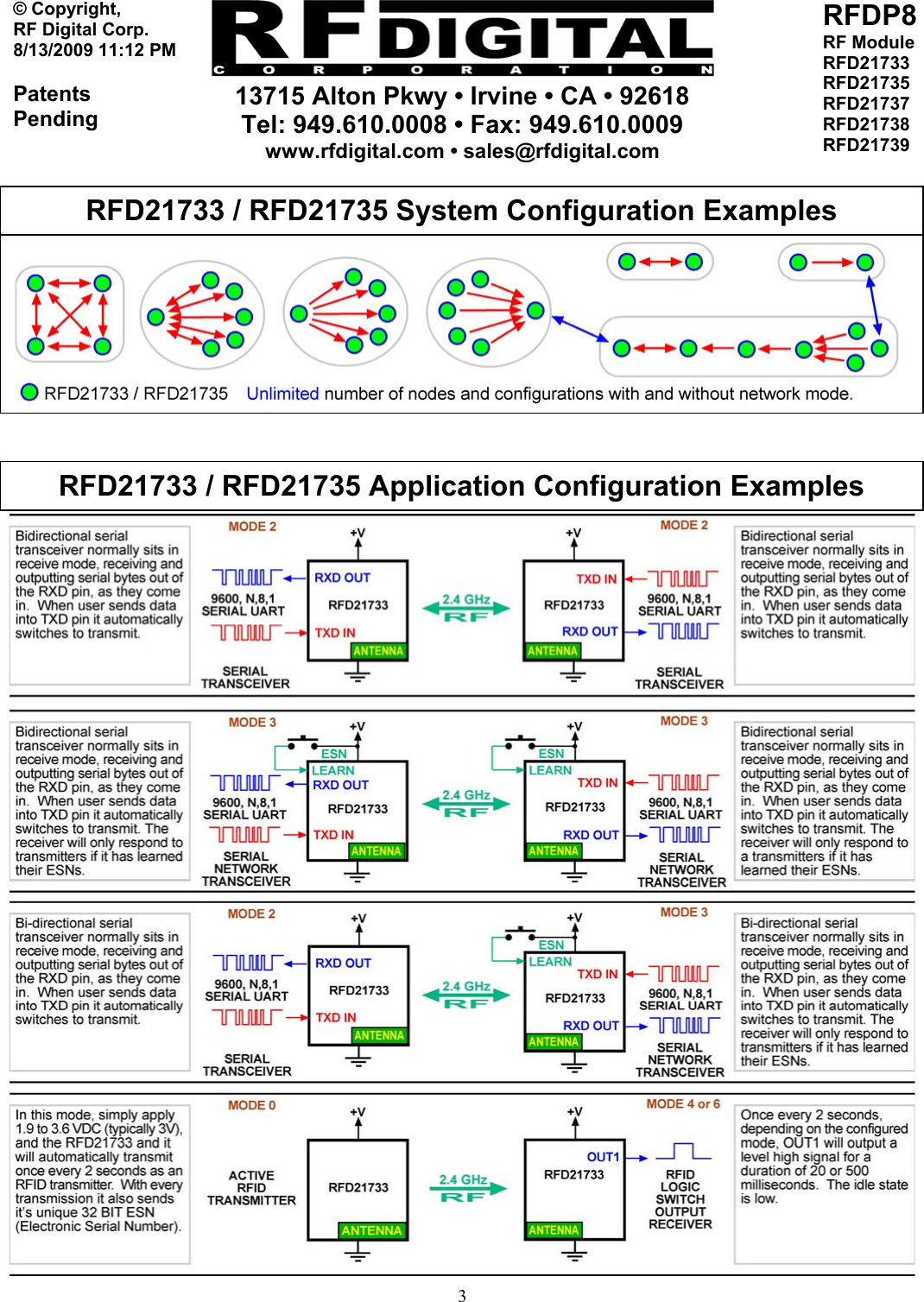     13715 Alton Pkwy • Irvine • CA • 92618 Tel: 949.610.0008 • Fax: 949.610.0009 www.rfdigital.com • sales@rfdigital.com   3© Copyright, RF Digital Corp.   8/13/2009 11:12 PM  Patents Pending RFDP8 RF Module RFD21733 RFD21735 RFD21737 RFD21738 RFD21739                   RFD21733 / RFD21735 Application Configuration Examples RFD21733 / RFD21735 System Configuration Examples 