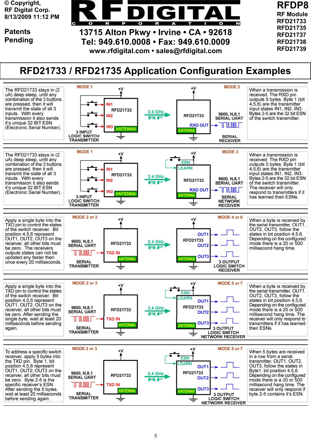     13715 Alton Pkwy • Irvine • CA • 92618 Tel: 949.610.0008 • Fax: 949.610.0009 www.rfdigital.com • sales@rfdigital.com   5© Copyright, RF Digital Corp.   8/13/2009 11:12 PM  Patents Pending RFDP8 RF Module RFD21733 RFD21735 RFD21737 RFD21738 RFD21739         RFD21733 / RFD21735 Application Configuration Examples 