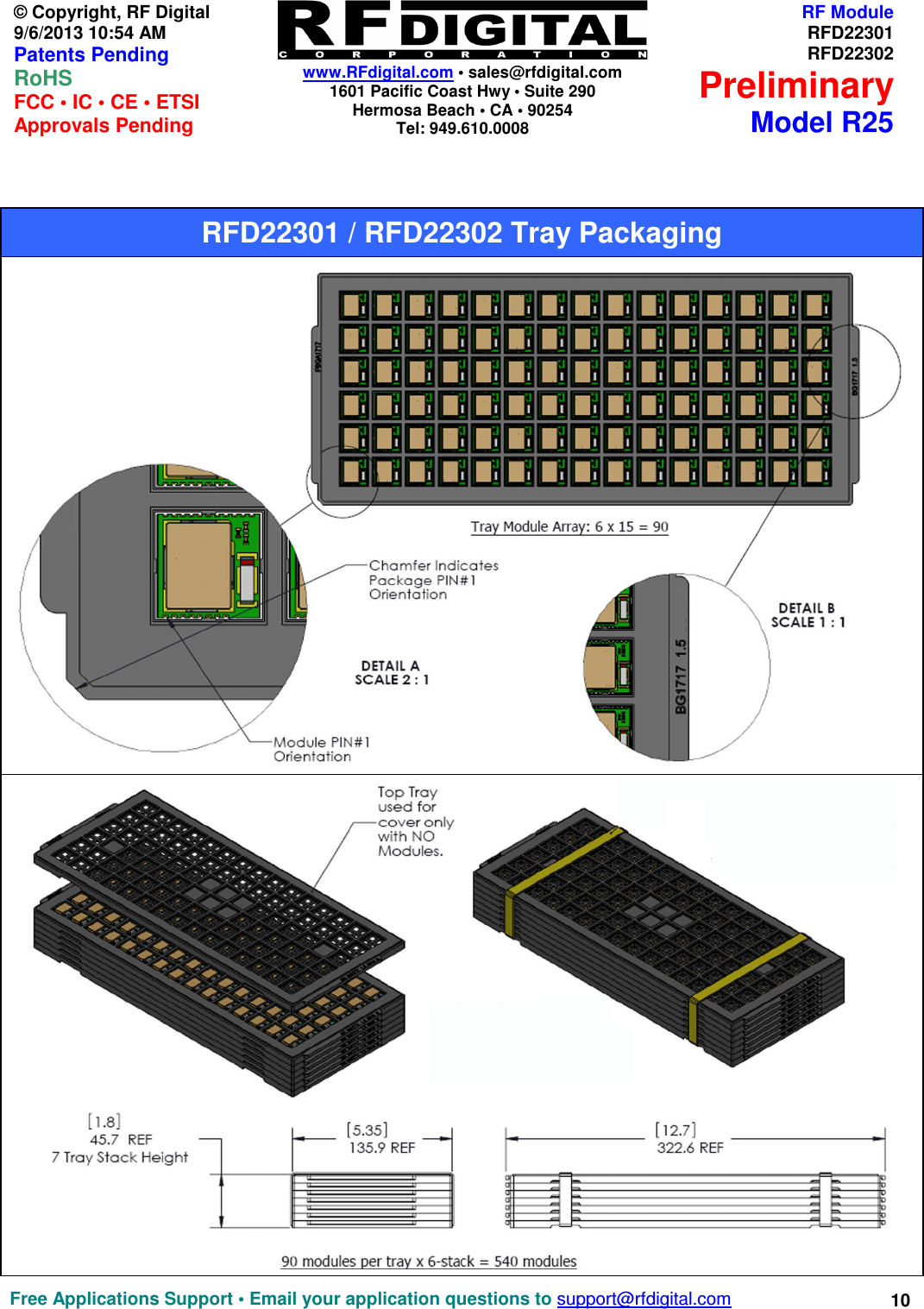    www.RFdigital.com • sales@rfdigital.com 1601 Pacific Coast Hwy • Suite 290 Hermosa Beach • CA • 90254 Tel: 949.610.0008  Free Applications Support • Email your application questions to support@rfdigital.com 10 © Copyright, RF Digital   9/6/2013 10:54 AM Patents Pending RoHS    FCC • IC • CE • ETSI Approvals Pending RF ModuleRFD22301RFD22302PreliminaryModel R25                                                      RFD22301 / RFD22302 Tray Packaging 
