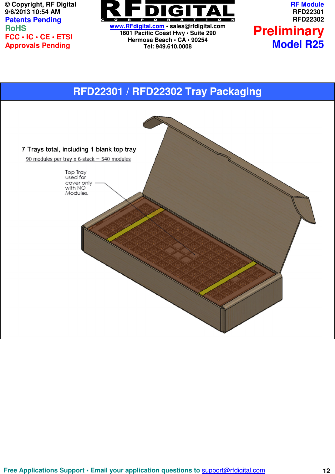    www.RFdigital.com • sales@rfdigital.com 1601 Pacific Coast Hwy • Suite 290 Hermosa Beach • CA • 90254 Tel: 949.610.0008  Free Applications Support • Email your application questions to support@rfdigital.com 12 © Copyright, RF Digital   9/6/2013 10:54 AM Patents Pending RoHS    FCC • IC • CE • ETSI Approvals Pending RF ModuleRFD22301RFD22302PreliminaryModel R25                                                   RFD22301 / RFD22302 Tray Packaging 