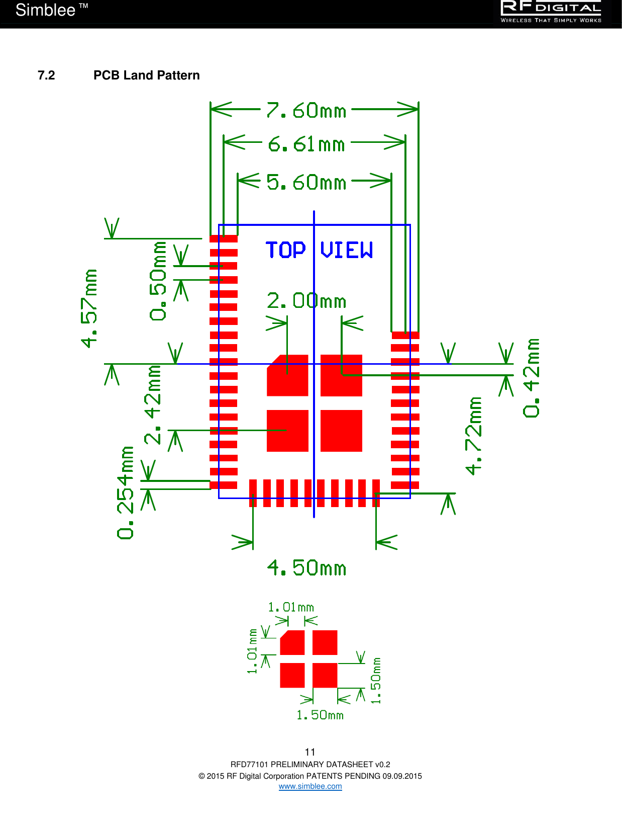   11 RFD77101 PRELIMINARY DATASHEET v0.2 © 2015 RF Digital Corporation PATENTS PENDING 09.09.2015 www.simblee.com Simblee  ™ 7.2  PCB Land Pattern   