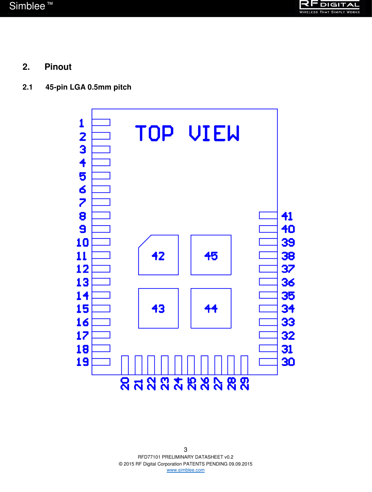   3 RFD77101 PRELIMINARY DATASHEET v0.2 © 2015 RF Digital Corporation PATENTS PENDING 09.09.2015 www.simblee.com Simblee  ™  2.      Pinout 2.1      45-pin LGA 0.5mm pitch  