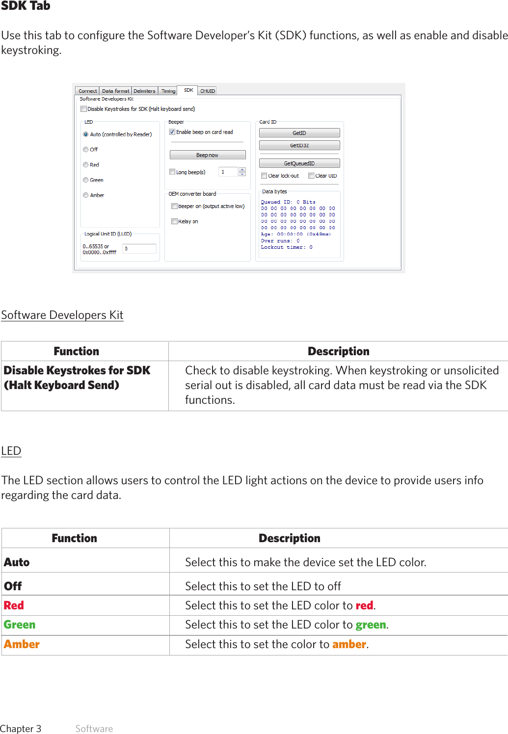 31  Chapter 3   SoftwareSDK TabUse this tab to configure the Software Developer’s Kit (SDK) functions, as well as enable and disable keystroking.Software Developers Kit          Function                                                        Description Disable Keystrokes for SDK  Check to disable keystroking. When keystroking or unsolicited   (Halt Keyboard Send)    serial out is disabled, all card data must be read via the SDK            functions.    LEDThe LED section allows users to control the LED light actions on the device to provide users info regarding the card data.Function           Description Auto           Select this to make the device set the LED color. Off          Select this to set the LED to off Red           Select this to set the LED color to red. Green         Select this to set the LED color to green. Amber        Select this to set the color to amber.