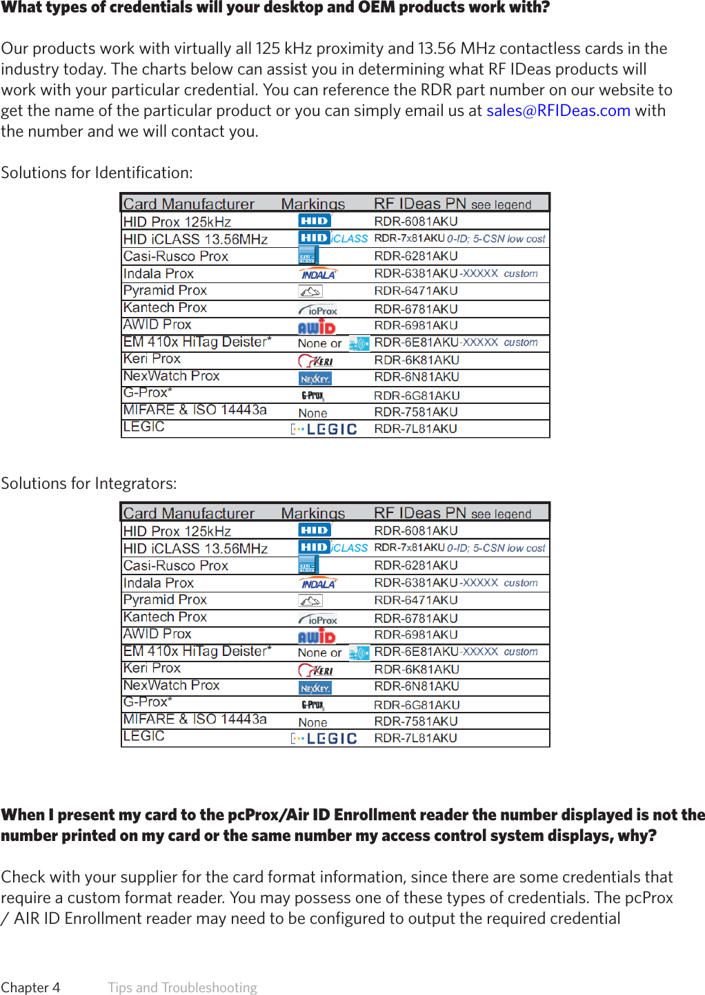 46Frequently Asked QuestionsWhat types of credentials will your desktop and OEM products work with?Our products work with virtually all 125 kHz proximity and 13.56 MHz contactless cards in theindustry today. The charts below can assist you in determining what RF IDeas products willwork with your particular credential. You can reference the RDR part number on our website toget the name of the particular product or you can simply email us at sales@RFIDeas.com withthe number and we will contact you.Solutions for Identification:Solutions for Integrators: When I present my card to the pcProx/Air ID Enrollment reader the number displayed is not thenumber printed on my card or the same number my access control system displays, why?Check with your supplier for the card format information, since there are some credentials thatrequire a custom format reader. You may possess one of these types of credentials. The pcProx/AIRIDEnrollmentreadermayneedtobeconfiguredtooutputtherequiredcredentialChapter 4   Tips and Troubleshooting