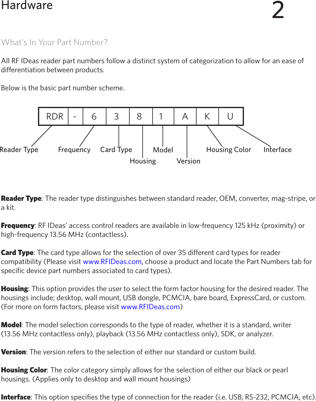 9What’s In Your Part Number?All RF IDeas reader part numbers follow a distinct system of categorization to allow for an ease of differentiation between products. Below is the basic part number scheme.  RDR    -   6  3  8  1   A  K  U                               Reader Type: The reader type distinguishes between standard reader, OEM, converter, mag-stripe, or a kit.Frequency: RF IDeas’ access control readers are available in low-frequency 125 kHz (proximity) or high-frequency 13.56 MHz (contactless).Card Type: The card type allows for the selection of over 35 different card types for reader compatibility (Please visit www.RFIDeas.com, choose a product and locate the Part Numbers tab for specific device part numbers associated to card types). Housing: This option provides the user to select the form factor housing for the desired reader. The housings include; desktop, wall mount, USB dongle, PCMCIA, bare board, ExpressCard, or custom. (For more on form factors, please visit www.RFIDeas.com)Model: The model selection corresponds to the type of reader, whether it is a standard, writer (13.56 MHz contactless only), playback (13.56 MHz contactless only), SDK, or analyzer.  Version: The version refers to the selection of either our standard or custom build.Housing Color: The color category simply allows for the selection of either our black or pearl housings. (Applies only to desktop and wall mount housings)Interface: This option specifies the type of connection for the reader (i.e. USB, RS-232, PCMCIA, etc).2HardwareReader Type Frequency Card TypeHousingModelVersionHousing Color Interface