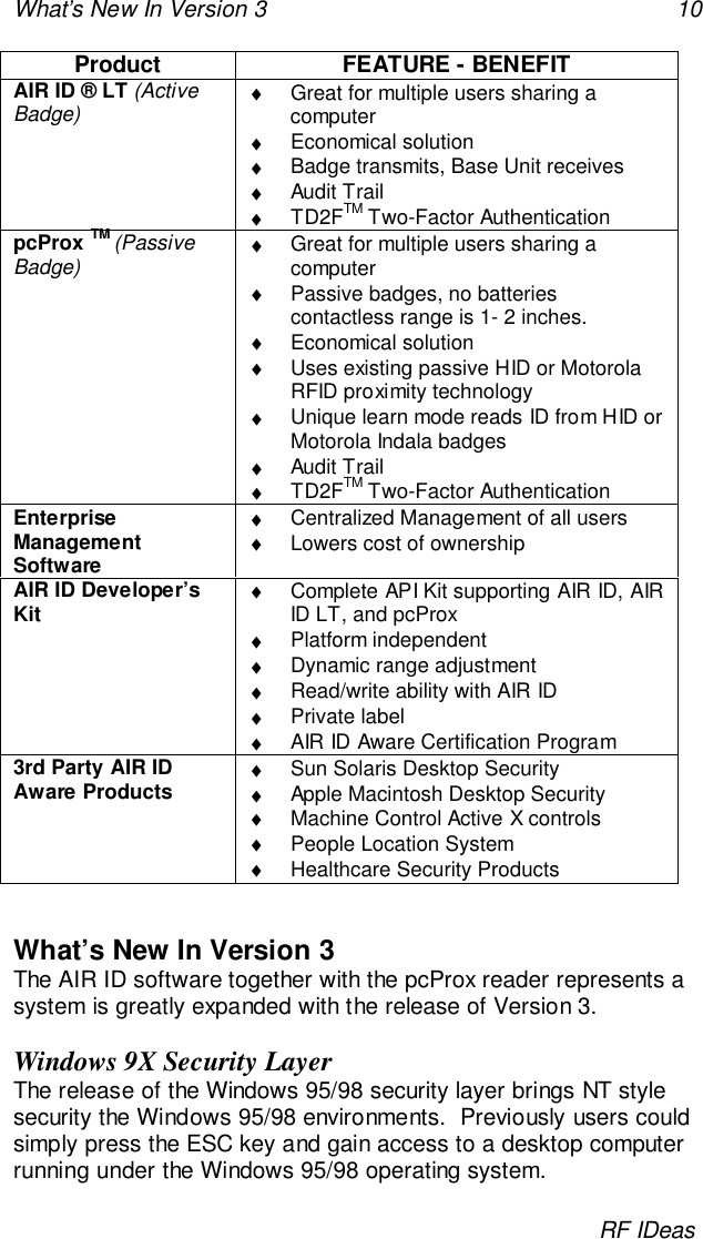 What’s New In Version 3 10RF IDeasProduct FEATURE - BENEFITAIR ID ® LT (ActiveBadge) ♦  Great for multiple users sharing acomputer♦ Economical solution♦  Badge transmits, Base Unit receives♦ Audit Trail♦ TD2FTM Two-Factor AuthenticationpcProx TM (PassiveBadge) ♦  Great for multiple users sharing acomputer♦  Passive badges, no batteriescontactless range is 1- 2 inches.♦ Economical solution♦  Uses existing passive HID or MotorolaRFID proximity technology♦  Unique learn mode reads ID from HID orMotorola Indala badges♦ Audit Trail♦ TD2FTM Two-Factor AuthenticationEnterpriseManagementSoftware♦  Centralized Management of all users♦  Lowers cost of ownershipAIR ID Developer’sKit ♦  Complete API Kit supporting AIR ID, AIRID LT, and pcProx♦ Platform independent♦  Dynamic range adjustment♦  Read/write ability with AIR ID♦ Private label♦  AIR ID Aware Certification Program3rd Party AIR IDAware Products ♦  Sun Solaris Desktop Security♦  Apple Macintosh Desktop Security♦  Machine Control Active X controls♦  People Location System♦  Healthcare Security ProductsWhat’s New In Version 3The AIR ID software together with the pcProx reader represents asystem is greatly expanded with the release of Version 3.Windows 9X Security LayerThe release of the Windows 95/98 security layer brings NT stylesecurity the Windows 95/98 environments.  Previously users couldsimply press the ESC key and gain access to a desktop computerrunning under the Windows 95/98 operating system.