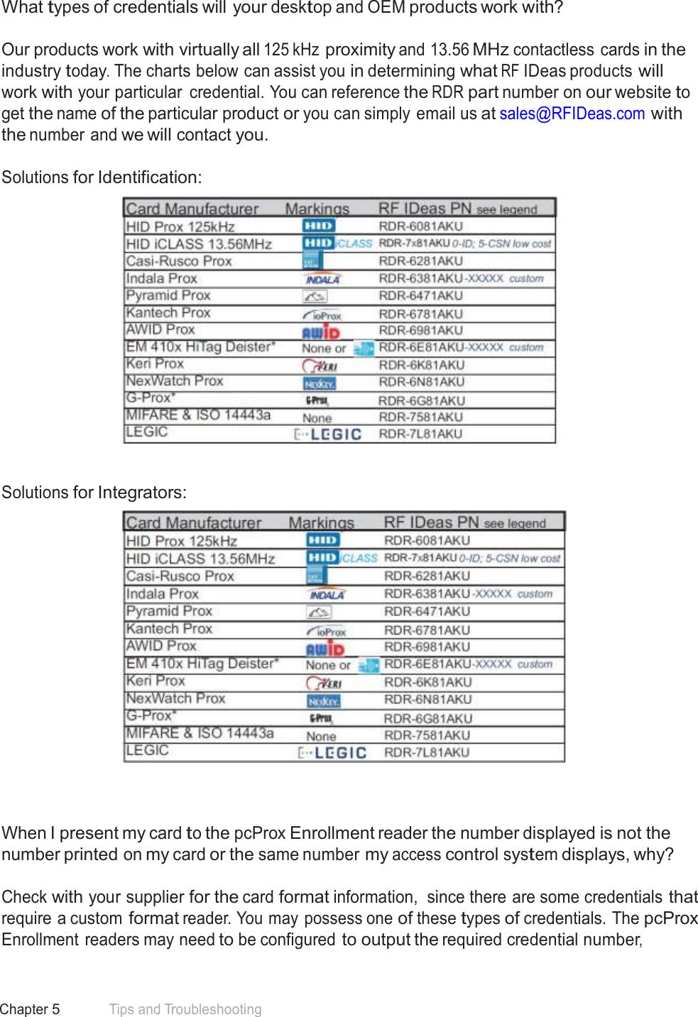 60 Chapter 5 Tips and Troubleshooting  Frequently Asked Questions  What types of credentials will your desktop and OEM products work with?   Our products work with virtually all 125 kHz proximity and 13.56 MHz contactless cards in the industry today. The charts below can assist you in determining what RF IDeas products will work with your particular  credential. You can reference the RDR part number on our website to get the name of the particular product or you can simply email us at sales@RFIDeas.com with the number and we will contact you.  Solutions for Identification:      Solutions for Integrators:       When I present my card to the pcProx Enrollment reader the number displayed is not the number printed on my card or the same number my access control system displays, why?  Check with your supplier for the card format information,  since there are some credentials that require a custom format reader. You may possess one of these types of credentials. The pcProx Enrollment readers may need to be configured to output the required credential number, 