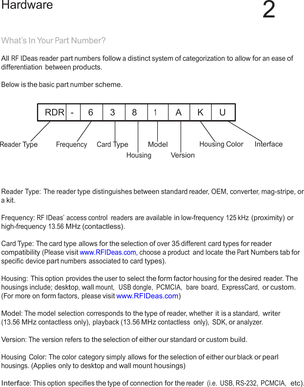 9  Hardware  2   What’s In Your Part Number?  All RF IDeas reader part numbers follow a distinct system of categorization to allow for an ease of differentiation  between products.  Below is the basic part number scheme.    RDR  -   6   3  8  1  A   K  U     Reader Type Frequency Card Type Model Housing Color  Interface Housing Version     Reader Type: The reader type distinguishes between standard reader, OEM, converter, mag-stripe, or a kit.  Frequency: RF IDeas’ access control  readers are available in low-frequency 125 kHz (proximity) or high-frequency 13.56 MHz (contactless).  Card Type: The card type allows for the selection of over 35 different card types for reader compatibility (Please visit www.RFIDeas.com, choose a product  and locate the Part Numbers tab for specific device part numbers associated to card types).  Housing: This option provides the user to select the form factor housing for the desired reader. The housings include; desktop, wall mount,  USB dongle,  PCMCIA,  bare  board, ExpressCard, or custom. (For more on form factors, please visit www.RFIDeas.com)  Model: The model selection corresponds to the type of reader, whether it is a standard, writer (13.56 MHz contactless only), playback (13.56 MHz contactless  only),  SDK, or analyzer.   Version: The version refers to the selection of either our standard or custom build.   Housing Color: The color category simply allows for the selection of either our black or pearl housings. (Applies only to desktop and wall mount housings)  Interface: This option specifies the type of connection for the reader (i.e.  USB, RS-232,  PCMCIA,  etc). 