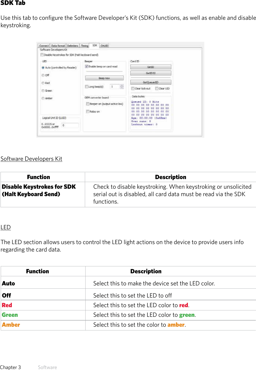 31  Chapter 3   SoftwareSDK TabUse this tab to configure the Software Developer’s Kit (SDK) functions, as well as enable and disable keystroking.Software Developers Kit          Function                                                        Description Disable Keystrokes for SDK  Check to disable keystroking. When keystroking or unsolicited   (Halt Keyboard Send)    serial out is disabled, all card data must be read via the SDK       functions.   LEDThe LED section allows users to control the LED light actions on the device to provide users info regarding the card data.Function      Description Auto       Select this to make the device set the LED color. Off     Select this to set the LED to off Red           Select this to set the LED color to red. Green         Select this to set the LED color to green. Amber    Select this to set the color to amber.