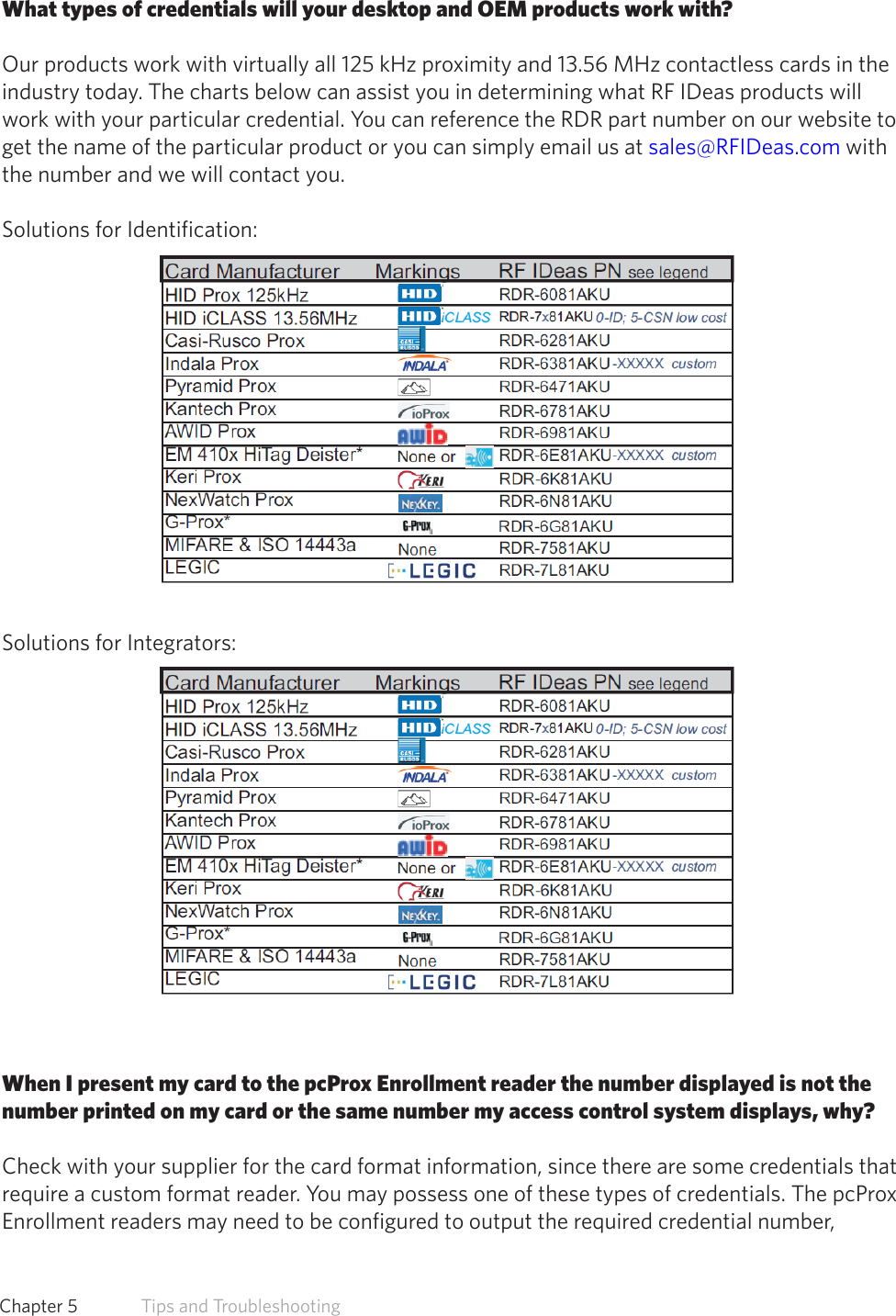 Frequently Asked QuestionsWhat types of credentials will your desktop and OEM products work with?Our products work with virtually all 125 kHz proximity and 13.56 MHz contactless cards in theindustry today. The charts below can assist you in determining what RF IDeas products willwork with your particular credential. You can reference the RDR part number on our website toget the name of the particular product or you can simply email us at sales@RFIDeas.com withthe number and we will contact you.Solutions for Identification:Solutions for Integrators: When I present my card to the pcProx Enrollment reader the number displayed is not thenumber printed on my card or the same number my access control system displays, why?Check with your supplier for the card format information, since there are some credentials thatrequire a custom format reader. You may possess one of these types of credentials. The pcProxEnrollment readers may need to be configured to output the required credential number, 60  Chapter 5   Tips and Troubleshooting