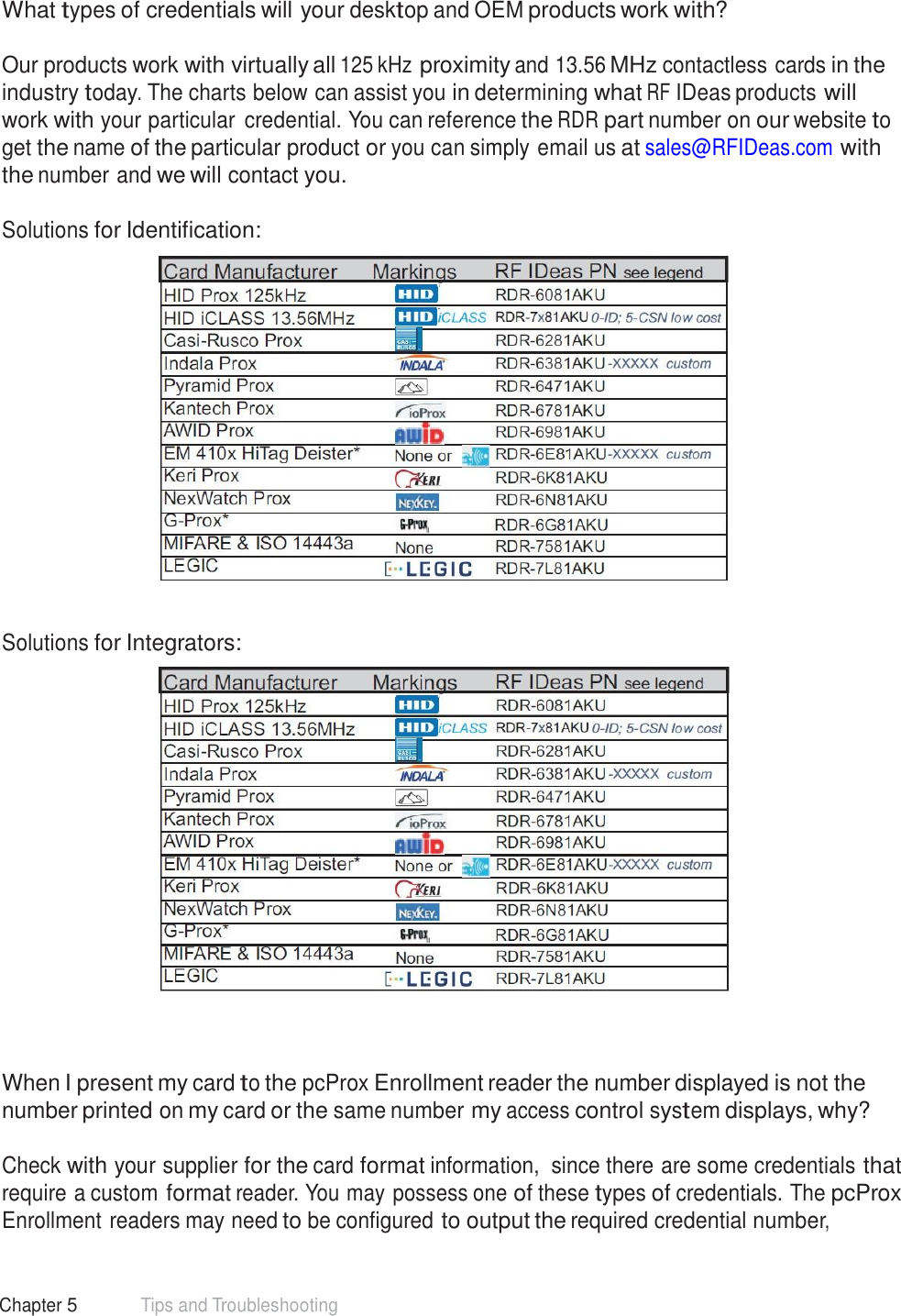 60 Chapter 5 Tips and Troubleshooting  Frequently Asked Questions  What types of credentials will your desktop and OEM products work with?   Our products work with virtually all 125 kHz proximity and 13.56 MHz contactless cards in the industry today. The charts below can assist you in determining what RF IDeas products will work with your particular credential. You can reference the RDR part number on our website to get the name of the particular product or you can simply email us at sales@RFIDeas.com with the number and we will contact you.  Solutions for Identification:      Solutions for Integrators:       When I present my card to the pcProx Enrollment reader the number displayed is not the number printed on my card or the same number my access control system displays, why?  Check with your supplier for the card format information,  since there are some credentials that require a custom format reader. You may possess one of these types of credentials. The pcProx Enrollment readers may need to be configured to output the required credential number, 