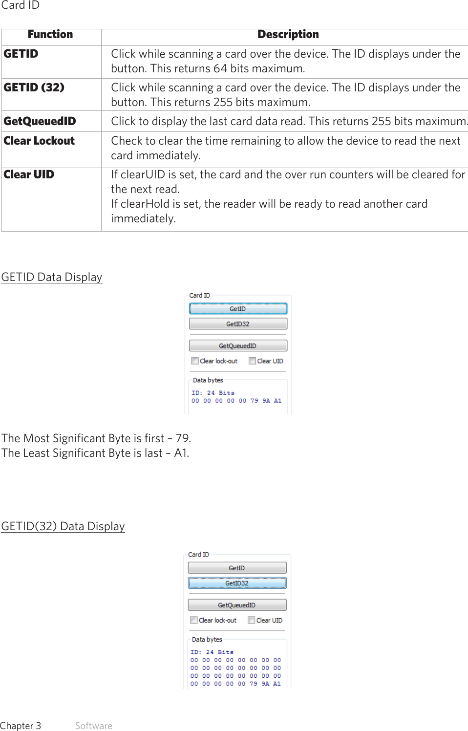 33  Chapter 3   SoftwareCard ID       Function           Description GETID     Click while scanning a card over the device. The ID displays under the      button. This returns 64 bits maximum. GETID (32)     Click while scanning a card over the device. The ID displays under the      button. This returns 255 bits maximum. GetQueuedID   Click to display the last card data read. This returns 255 bits maximum. Clear Lockout   Check to clear the time remaining to allow the device to read the next   card immediately. Clear UID     If clearUID is set, the card and the over run counters will be cleared for   the next read.      If clearHold is set, the reader will be ready to read another card   immediately.GETID Data DisplayThe Most Significant Byte is first – 79.The Least Significant Byte is last – A1.GETID(32) Data Display