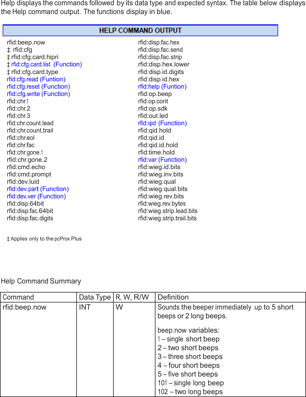  Help Command  Help displays the commands followed by its data type and expected syntax. The table below displays the Help command output. The functions display in blue.   rfid:beep.now rfid:disp.fac.hex ‡ rfid:cfg rfid:disp.fac.send ‡ rfid:cfg.card.hipri rfid:disp.fac.strip ‡ rfid:cfg.card.list (Function)  rfid:disp.hex.lower ‡ rfid:cfg.card.type  rfid:disp.id.digits rfid:cfg.read (Funtion)  rfid:disp.id.hex rfid:cfg.reset (Function) rfid:help (Funtion) rfid:cfg.write (Function)  rfid:op.beep rfid:chr.1 rfid:op.cont rfid:chr.2  rfid:op.sdk rfid:chr.3  rfid:out.led rfid:chr.count.lead  rfid:qid (Function) rfid:chr.count.trail  rfid:qid.hold rfid:chr.eol  rfid:qid.id rfid:chr.fac  rfid:qid.id.hold rfid:chr.gone.1  rfid:time.hold rfid:chr.gone.2 rfid:var (Function) rfid:cmd.echo  rfid:wieg.id.bits rfid:cmd.prompt  rfid:wieg.inv.bits rfid:dev.luid  rfid:wieg.qual rfid:dev.part (Function)  rfid:wieg.qual.bits rfid:dev.ver (Function)  rfid:wieg.rev.bits rfid:disp.64bit rfid:wieg.rev.bytes rfid:disp.fac.64bit rfid:wieg.strip.lead.bits rfid:disp.fac.digits rfid:wieg.strip.trail.bits   ‡ Applies only to the pcProx Plus       Help Command Summary  Command Data Type R, W, R/W Definition rfid:beep.now INT W Sounds the beeper immediately  up to 5 short beeps or 2 long beeps.  beep.now variables: 1 – single short beep 2 – two short beeps 3 – three short beeps 4 – four short beeps 5 – five short beeps 101 – single long beep 102 – two long beeps 