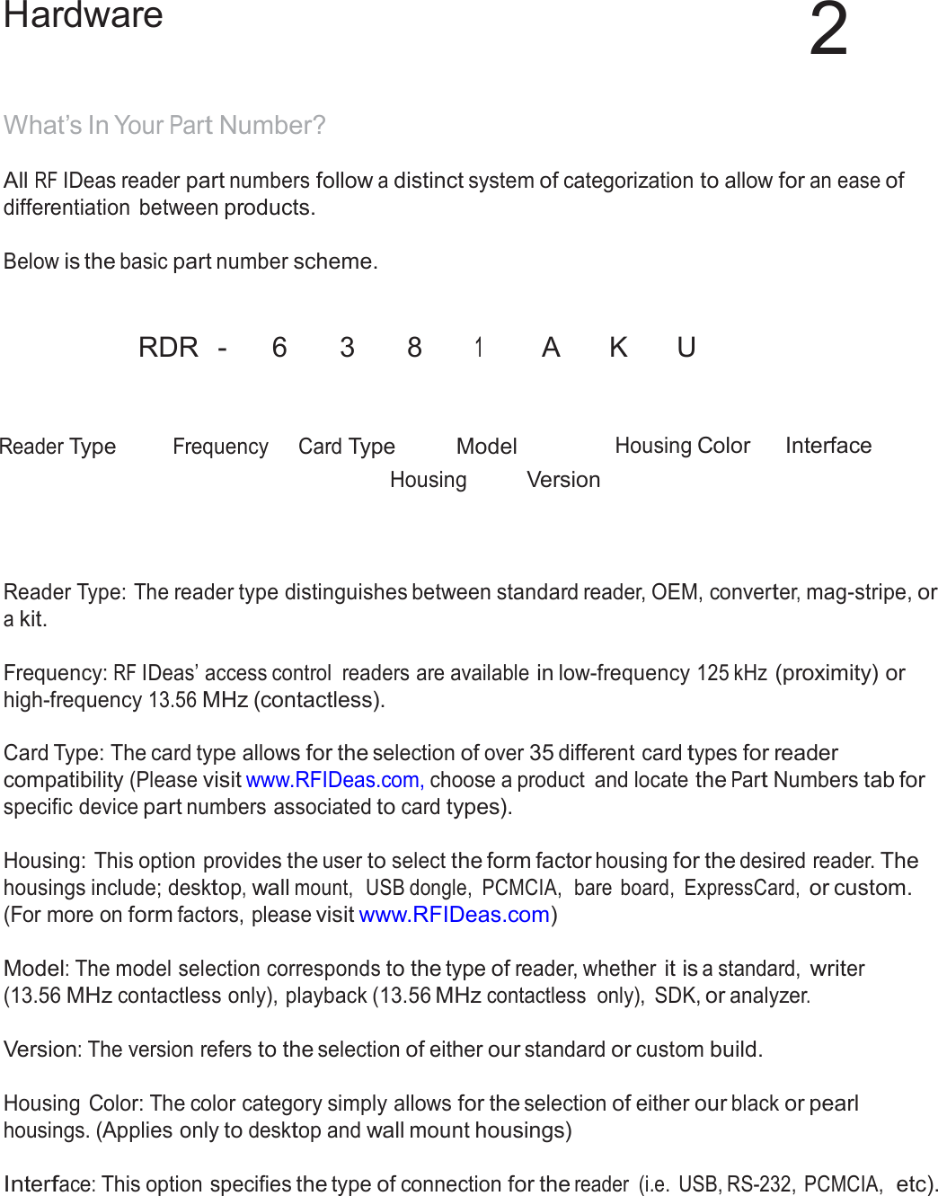  Hardware 2   What’s In Your Part Number?  All RF IDeas reader part numbers follow a distinct system of categorization to allow for an ease of differentiation  between products.  Below is the basic part number scheme.    RDR  -   6   3  8  1  A   K  U     Reader Type Frequency Card Type Model Housing Color  Interface Housing Version     Reader Type: The reader type distinguishes between standard reader, OEM, converter, mag-stripe, or a kit.  Frequency: RF IDeas’ access control  readers are available in low-frequency 125 kHz (proximity) or high-frequency 13.56 MHz (contactless).  Card Type: The card type allows for the selection of over 35 different card types for reader compatibility (Please visit www.RFIDeas.com, choose a product  and locate the Part Numbers tab for specific device part numbers associated to card types).  Housing: This option provides the user to select the form factor housing for the desired reader. The housings include; desktop, wall mount,  USB dongle,  PCMCIA,  bare  board,  ExpressCard, or custom. (For more on form factors, please visit www.RFIDeas.com)  Model: The model selection corresponds to the type of reader, whether it is a standard, writer (13.56 MHz contactless only), playback (13.56 MHz contactless  only),  SDK, or analyzer.   Version: The version refers to the selection of either our standard or custom build.   Housing  Color: The color category simply allows for the selection of either our black or pearl housings. (Applies only to desktop and wall mount housings)  Interface: This option specifies the type of connection for the reader  (i.e.  USB, RS-232,  PCMCIA,  etc). 