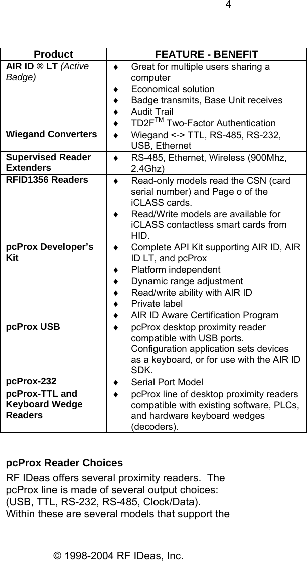 4 © 1998-2004 RF IDeas, Inc.  Product FEATURE - BENEFIT AIR ID ® LT (Active Badge) ♦  Great for multiple users sharing a computer ♦ Economical solution ♦  Badge transmits, Base Unit receives ♦ Audit Trail ♦ TD2FTM Two-Factor Authentication Wiegand Converters  ♦  Wiegand &lt;-&gt; TTL, RS-485, RS-232, USB, Ethernet Supervised Reader Extenders ♦  RS-485, Ethernet, Wireless (900Mhz, 2.4Ghz) RFID1356 Readers  ♦  Read-only models read the CSN (card serial number) and Page o of the iCLASS cards. ♦  Read/Write models are available for iCLASS contactless smart cards from HID. pcProx Developer’s Kit ♦  Complete API Kit supporting AIR ID, AIR ID LT, and pcProx ♦ Platform independent ♦  Dynamic range adjustment ♦  Read/write ability with AIR ID ♦ Private label ♦  AIR ID Aware Certification Program pcProx USB     pcProx-232 ♦  pcProx desktop proximity reader compatible with USB ports.  Configuration application sets devices as a keyboard, or for use with the AIR ID SDK. ♦  Serial Port Model pcProx-TTL and Keyboard Wedge Readers ♦  pcProx line of desktop proximity readers compatible with existing software, PLCs, and hardware keyboard wedges (decoders).  pcProx Reader Choices RF IDeas offers several proximity readers.  The pcProx line is made of several output choices: (USB, TTL, RS-232, RS-485, Clock/Data).  Within these are several models that support the 