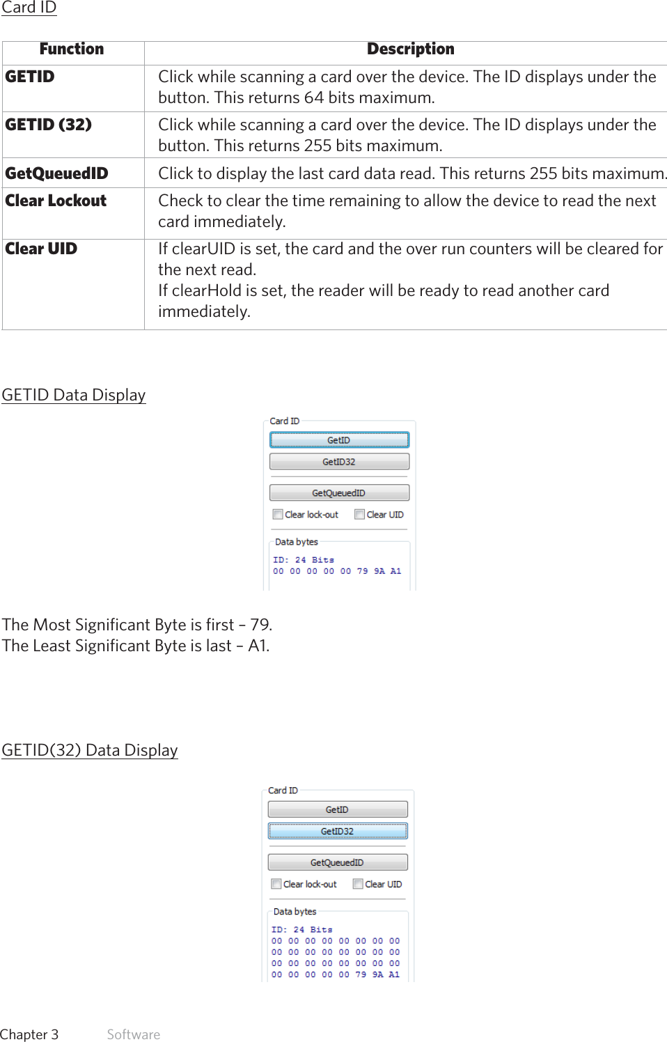 33  Chapter 3   SoftwareCard ID       Function           Description GETID     Click while scanning a card over the device. The ID displays under the      button. This returns 64 bits maximum. GETID (32)     Click while scanning a card over the device. The ID displays under the      button. This returns 255 bits maximum. GetQueuedID   Click to display the last card data read. This returns 255 bits maximum. Clear Lockout   Check to clear the time remaining to allow the device to read the next      card immediately. Clear UID     If clearUID is set, the card and the over run counters will be cleared for      the next read.      If clearHold is set, the reader will be ready to read another card      immediately.GETID Data DisplayThe Most Significant Byte is first – 79.The Least Significant Byte is last – A1.GETID(32) Data Display