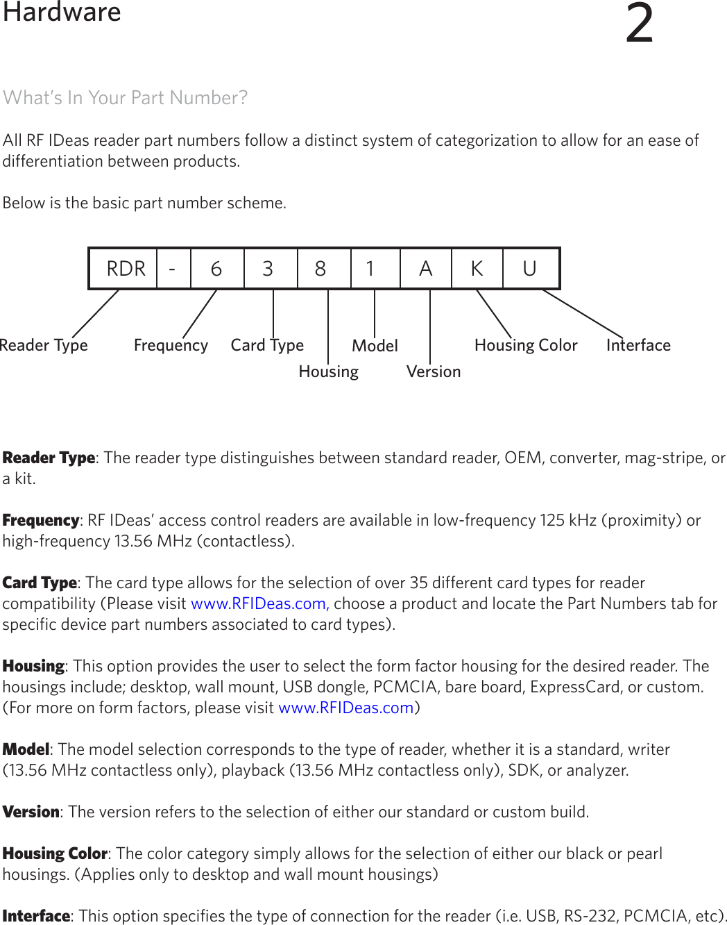 9What’s In Your Part Number?All RF IDeas reader part numbers follow a distinct system of categorization to allow for an ease of differentiation between products. Below is the basic part number scheme.  RDR    -   6  3  8  1   A  K  U                            Reader Type: The reader type distinguishes between standard reader, OEM, converter, mag-stripe, or a kit.Frequency: RF IDeas’ access control readers are available in low-frequency 125 kHz (proximity) or high-frequency 13.56 MHz (contactless).Card Type: The card type allows for the selection of over 35 different card types for reader compatibility (Please visit www.RFIDeas.com, choose a product and locate the Part Numbers tab for specific device part numbers associated to card types). Housing: This option provides the user to select the form factor housing for the desired reader. The housings include; desktop, wall mount, USB dongle, PCMCIA, bare board, ExpressCard, or custom. (For more on form factors, please visit www.RFIDeas.com)Model: The model selection corresponds to the type of reader, whether it is a standard, writer (13.56 MHz contactless only), playback (13.56 MHz contactless only), SDK, or analyzer.  Version: The version refers to the selection of either our standard or custom build.Housing Color: The color category simply allows for the selection of either our black or pearl housings. (Applies only to desktop and wall mount housings)Interface: This option specifies the type of connection for the reader (i.e. USB, RS-232, PCMCIA, etc).2HardwareReader Type Frequency Card TypeHousingModelVersionHousing Color Interface