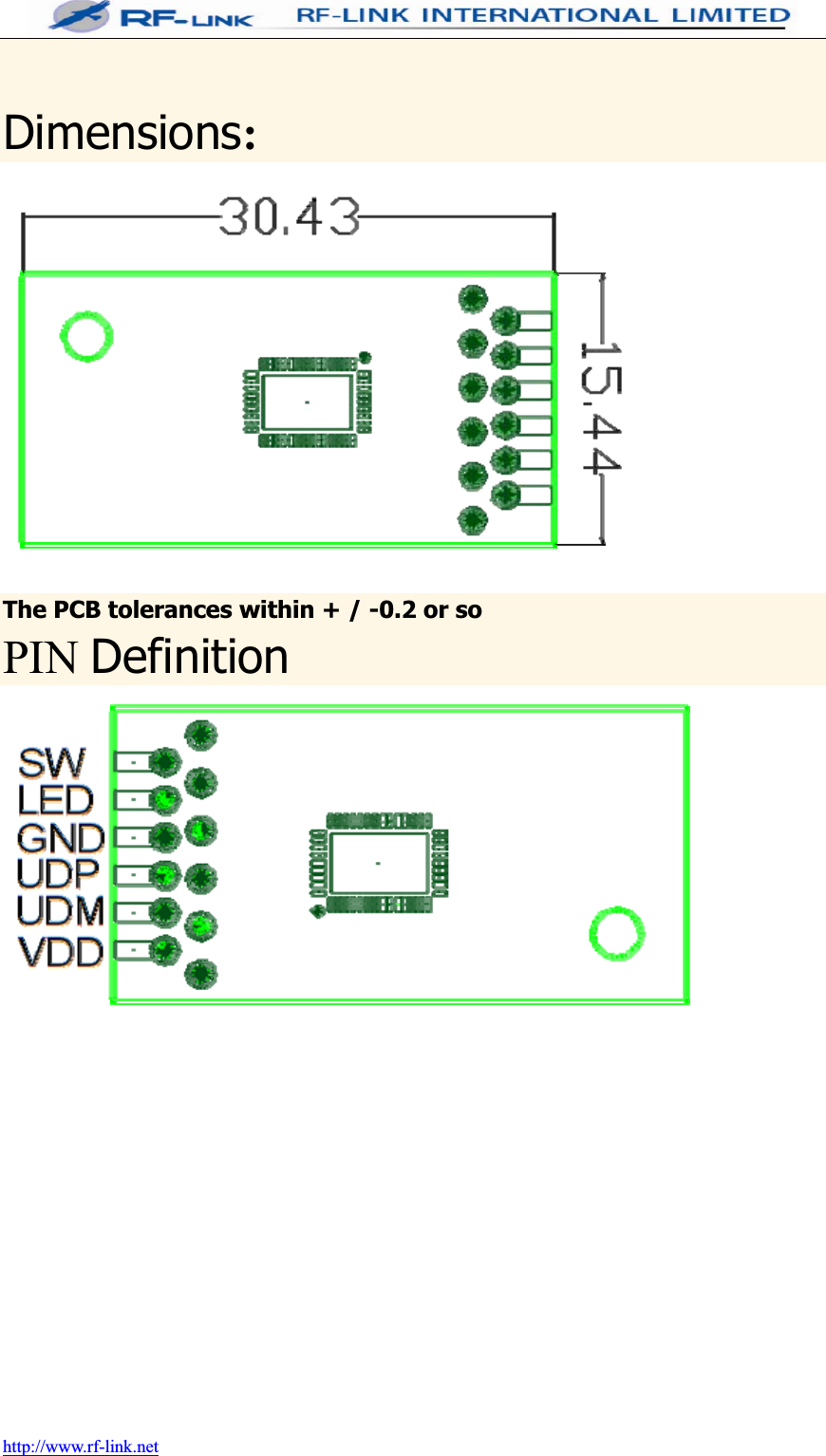 http://www.rf-link.netDimensions:The PCB tolerances within + / -0.2 or so PIN Definition