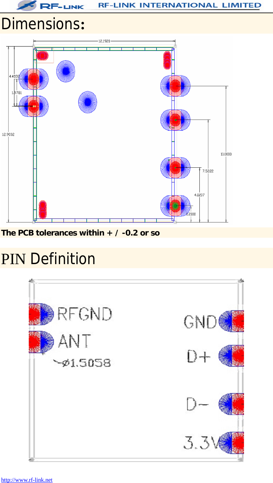  http://www.rf-link.net Dimensions:  The PCB tolerances within + / -0.2 or so  PIN Definition   
