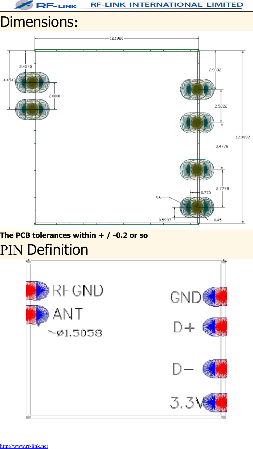 http://www.rf-link.netDimensions:The PCB tolerances within + / -0.2 or soPIN Definition