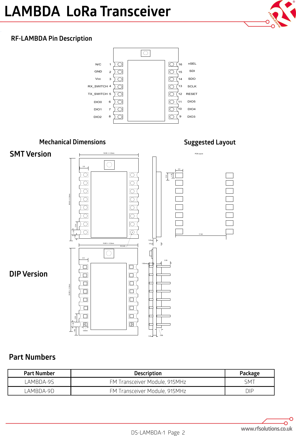 19.95 +/- 0.5mm26.95 +/- 0.5mm1.781.002.017.451.782.5PCB LayoutR 0.451.952.52.542.54GNDN/CRX_SWITCHVcc SDOSDInSELRESETSCLK123451615141312TX_SWITCHDIO2DIO167811109DIO5DIO3DIO4DIO01.001.93mm3.5516.29mm0.6mm19.95 +/- 0.5mm26.95 +/- 0.5mm1.781.952.52.542.88