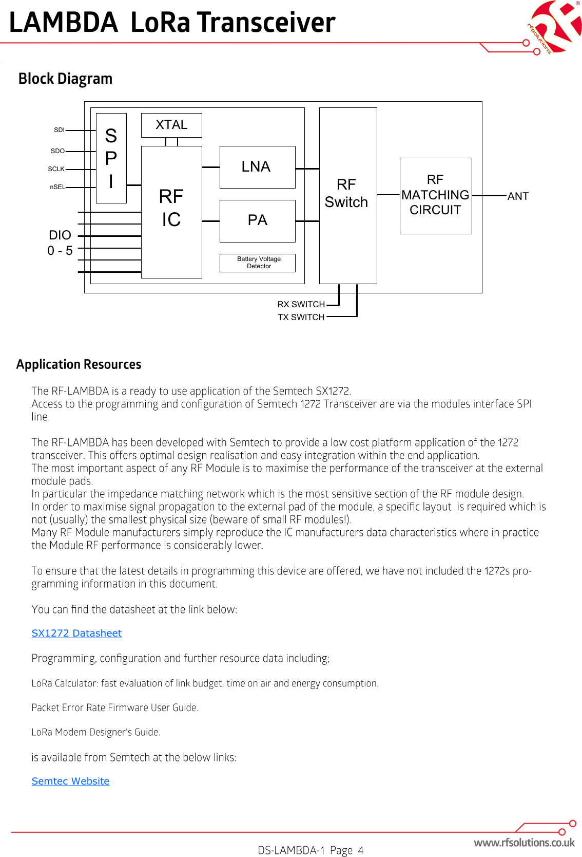 SX1272 DatasheetSemtec WebsiteSDISDOSCLKnSELSPIXTALRFICDIO0 - 5LNAPABattery VoltageDetectorRF SwitchRF MATCHINGCIRCUITANTRX SWITCHTX SWITCH