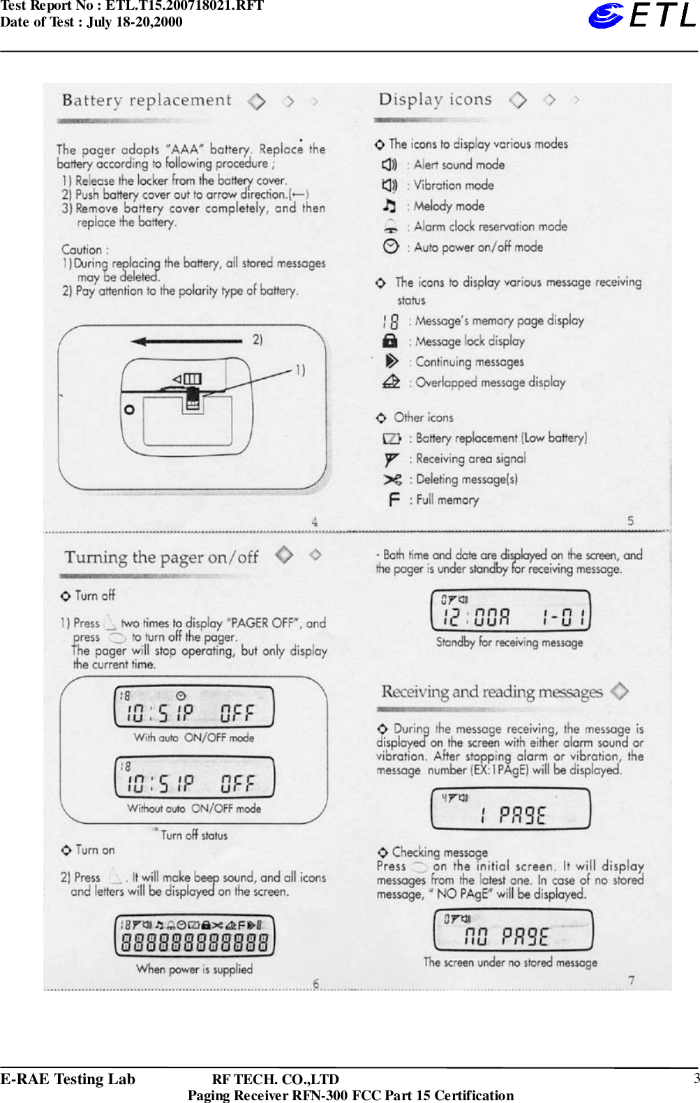 Test Report No : ETL.T15.200718021.RFTDate of Test : July 18-20,2000E-RAE Testing Lab                   RF TECH. CO.,LTDPaging Receiver RFN-300 FCC Part 15 Certification 3ETLETLETLETL