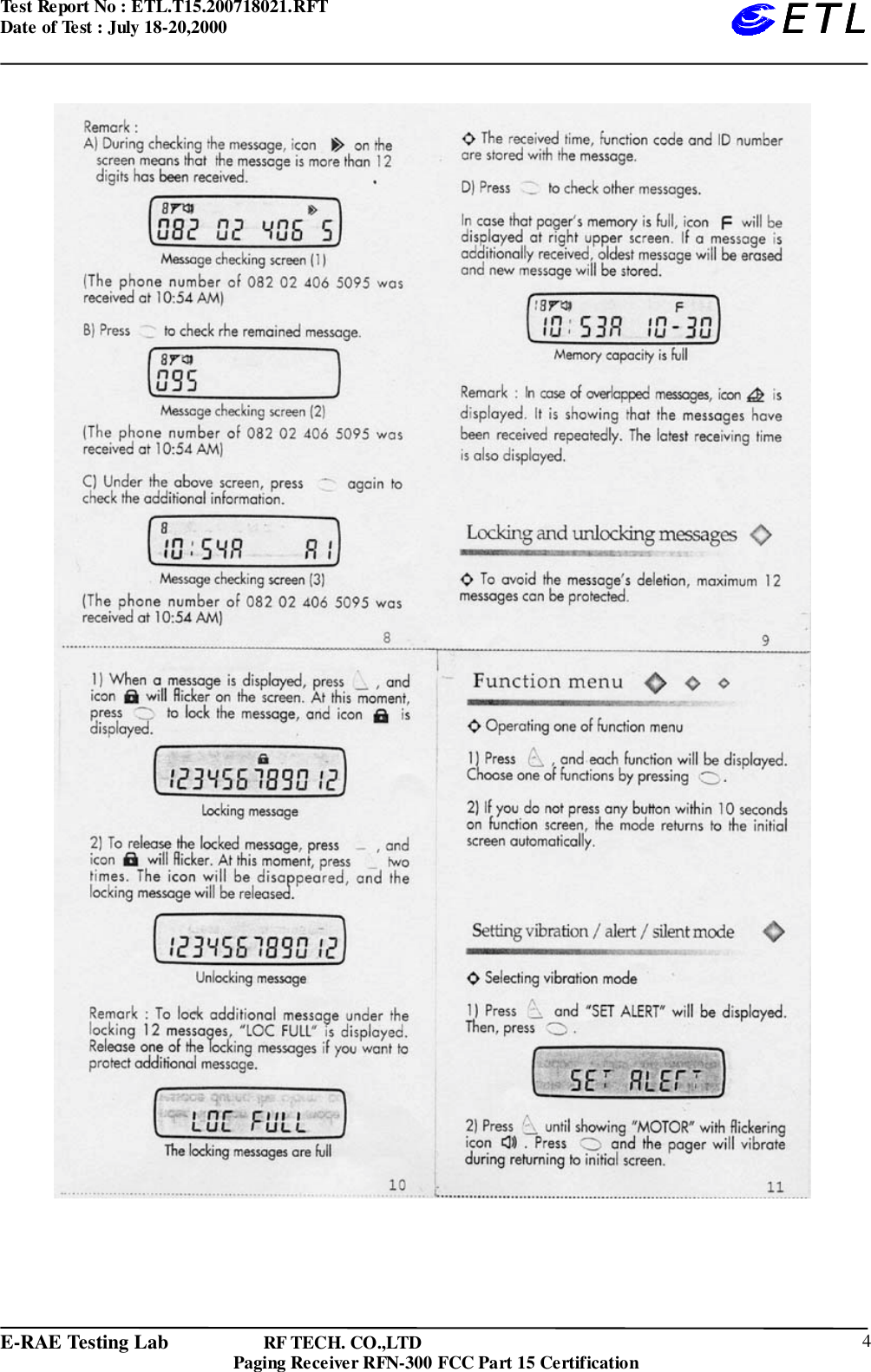 Test Report No : ETL.T15.200718021.RFTDate of Test : July 18-20,2000E-RAE Testing Lab                   RF TECH. CO.,LTDPaging Receiver RFN-300 FCC Part 15 Certification 4ETLETLETLETL