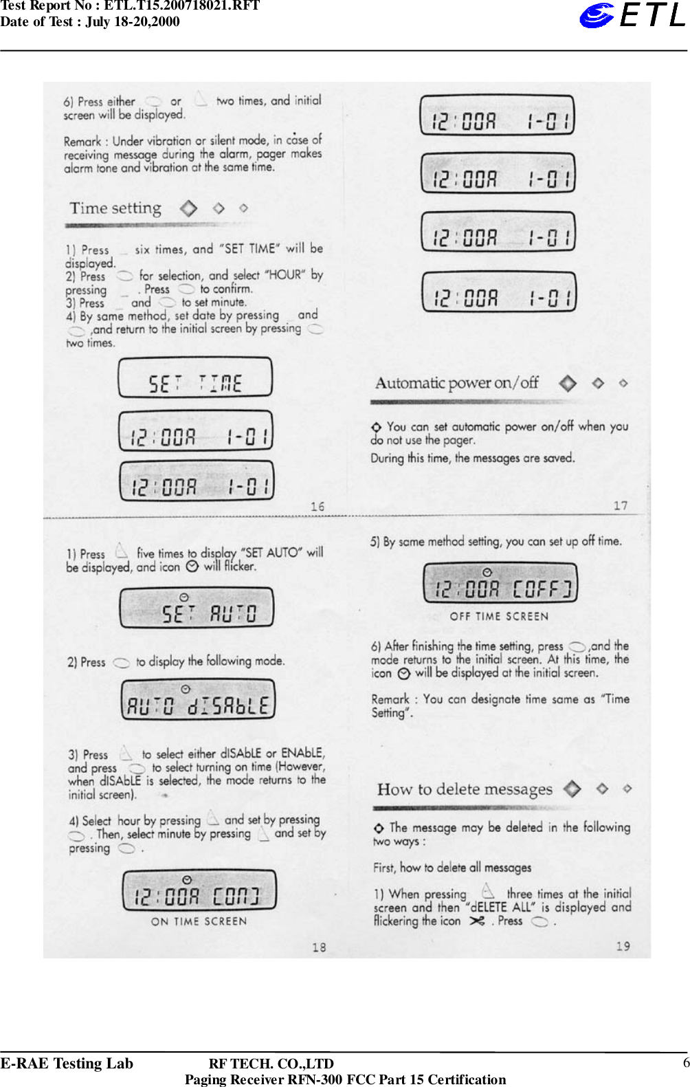 Test Report No : ETL.T15.200718021.RFTDate of Test : July 18-20,2000E-RAE Testing Lab                   RF TECH. CO.,LTDPaging Receiver RFN-300 FCC Part 15 Certification 6ETLETLETLETL