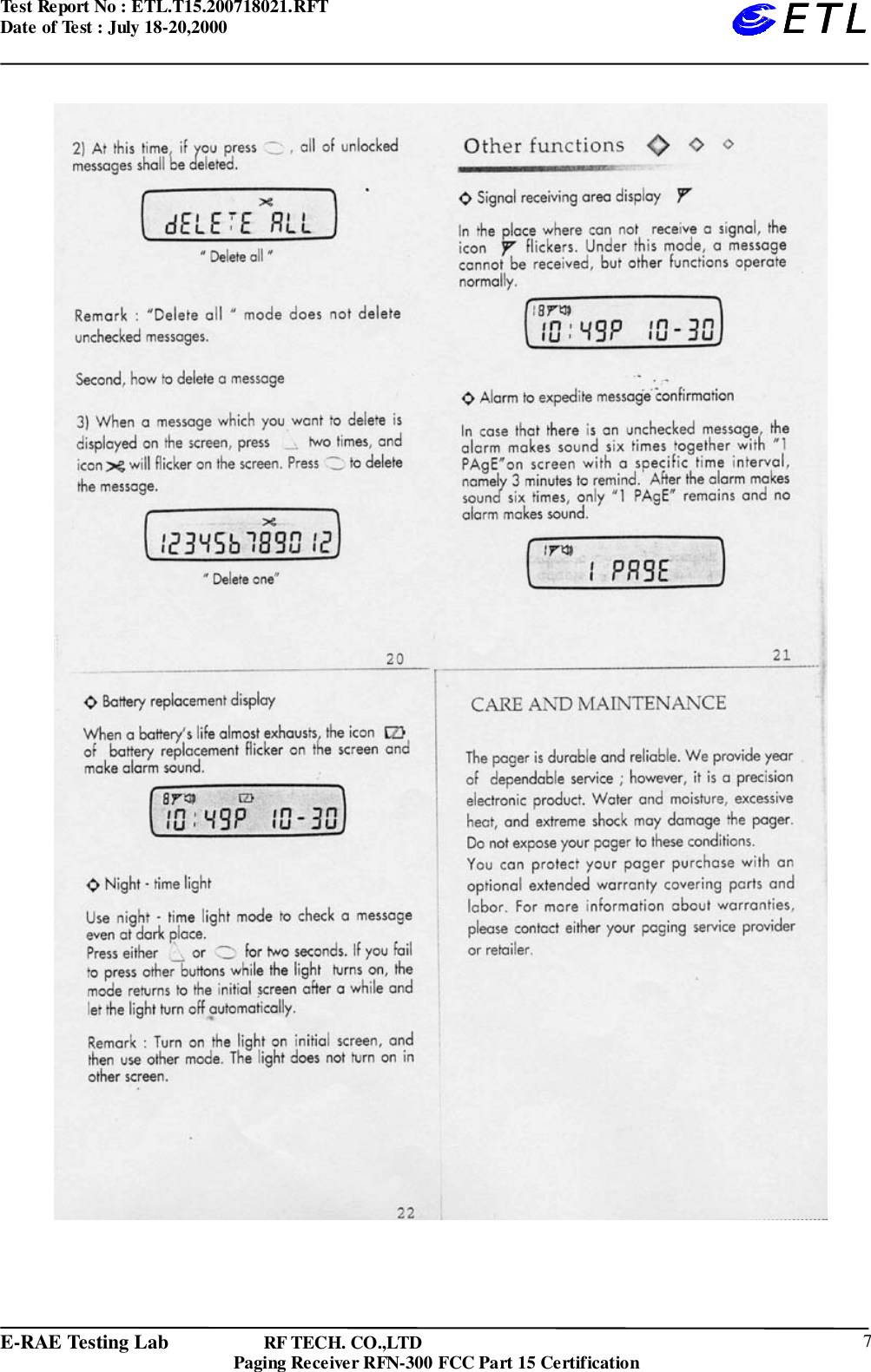 Test Report No : ETL.T15.200718021.RFTDate of Test : July 18-20,2000E-RAE Testing Lab                   RF TECH. CO.,LTDPaging Receiver RFN-300 FCC Part 15 Certification 7ETLETLETLETL