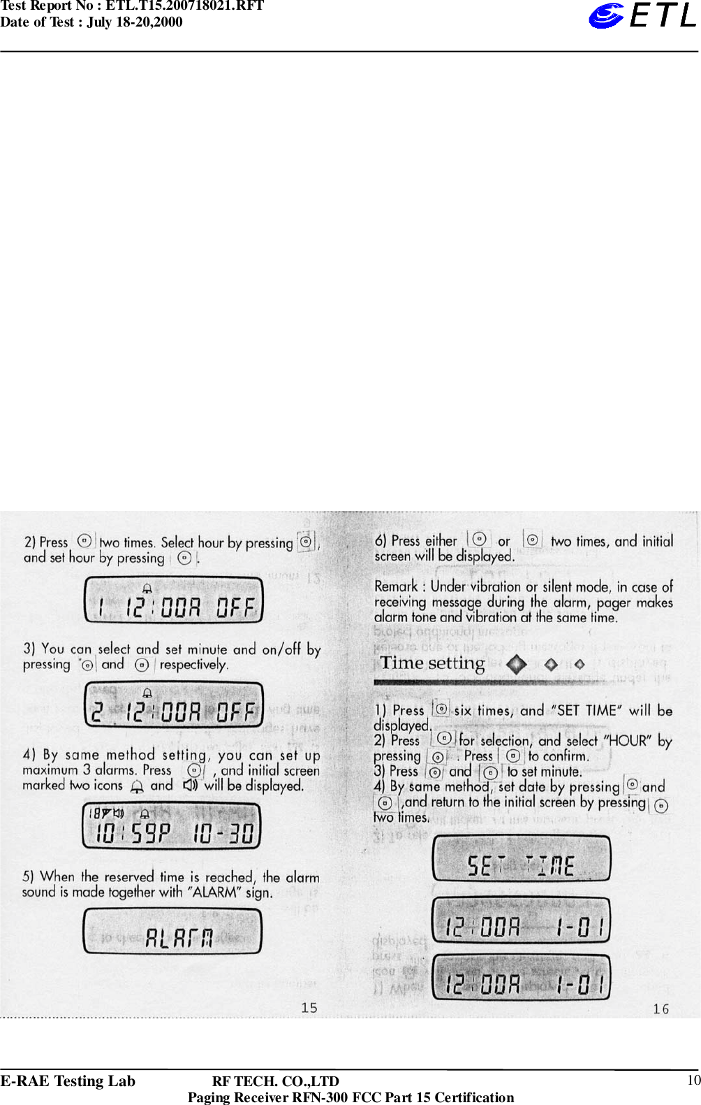 Test Report No : ETL.T15.200718021.RFTDate of Test : July 18-20,2000E-RAE Testing Lab                   RF TECH. CO.,LTDPaging Receiver RFN-300 FCC Part 15 Certification 10ETLETLETLETL