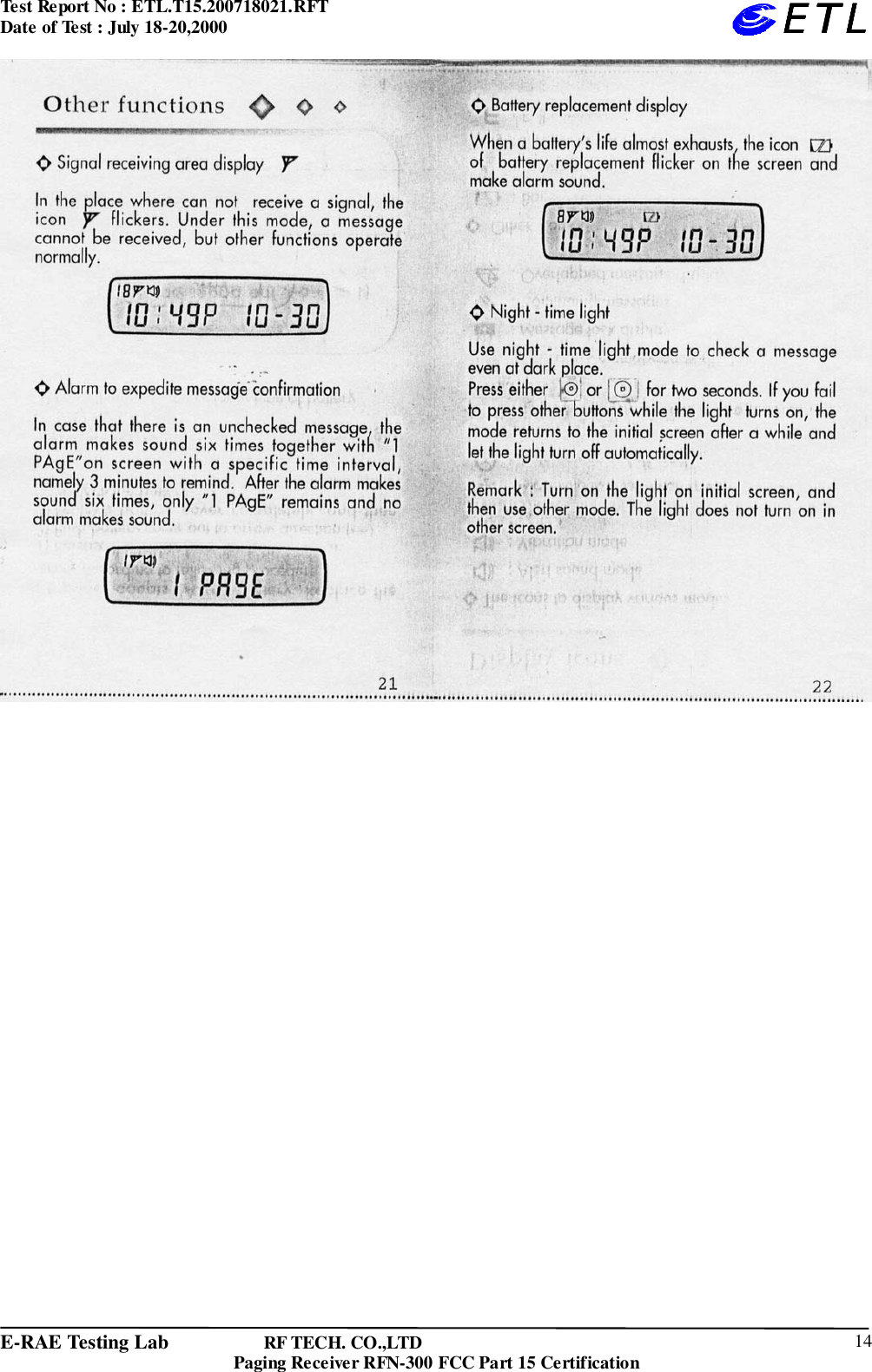 Test Report No : ETL.T15.200718021.RFTDate of Test : July 18-20,2000E-RAE Testing Lab                   RF TECH. CO.,LTDPaging Receiver RFN-300 FCC Part 15 Certification 14ETLETLETLETL