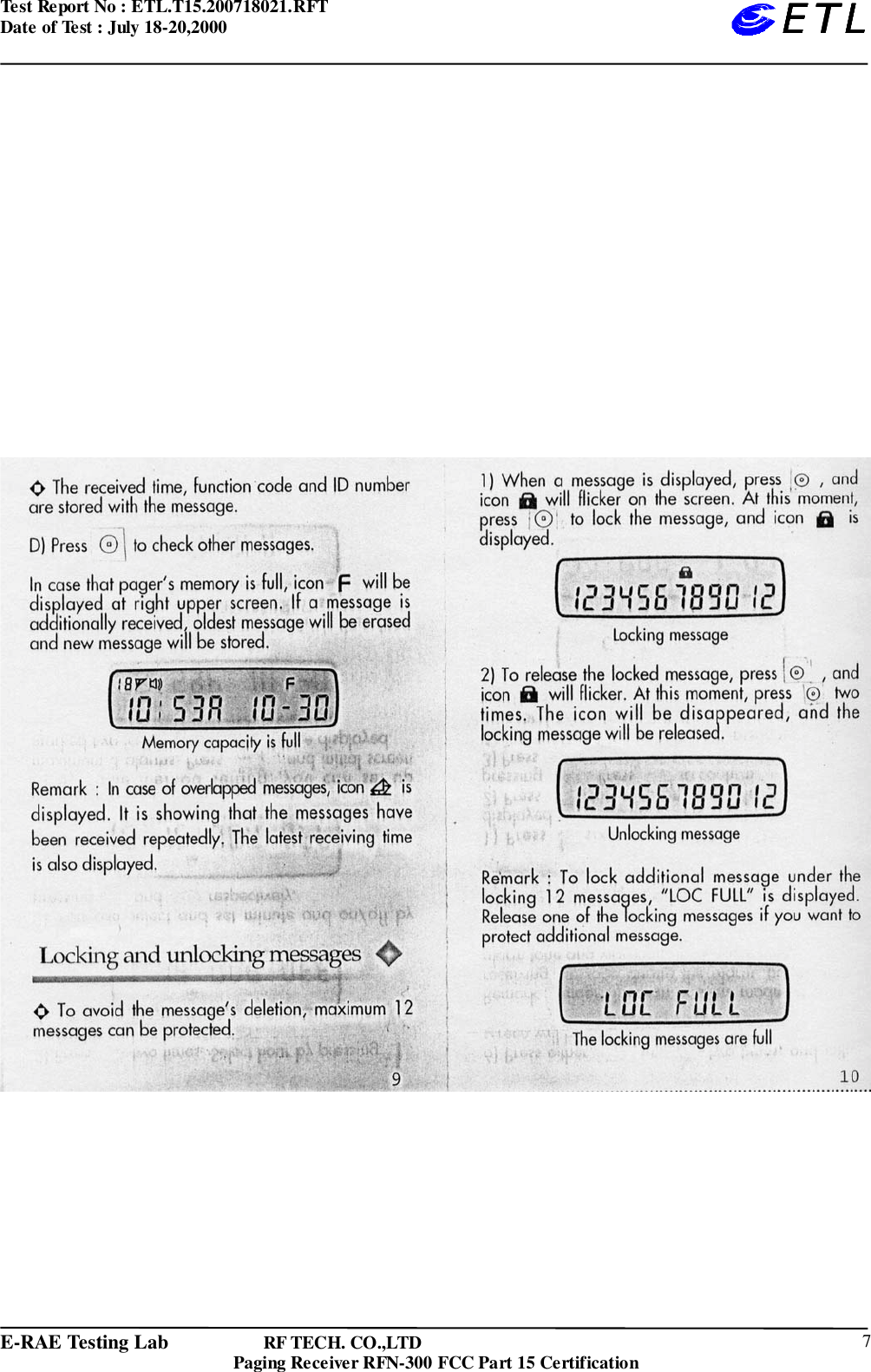 Test Report No : ETL.T15.200718021.RFTDate of Test : July 18-20,2000E-RAE Testing Lab                   RF TECH. CO.,LTDPaging Receiver RFN-300 FCC Part 15 Certification 7ETLETLETLETL