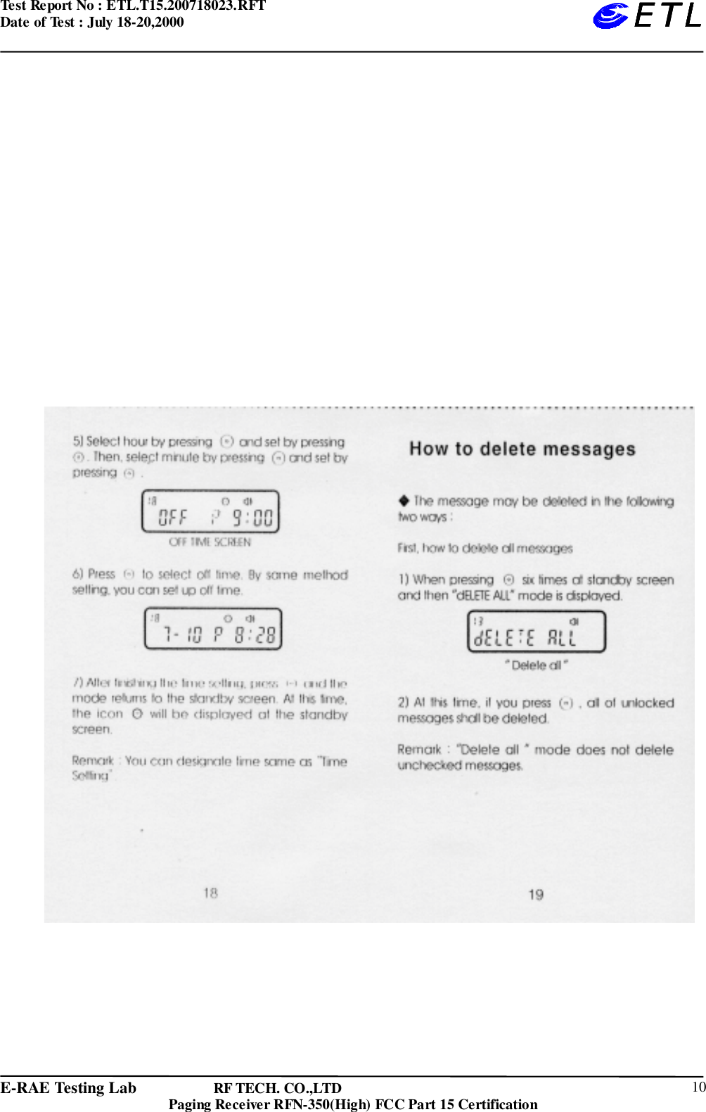 Test Report No : ETL.T15.200718023.RFTDate of Test : July 18-20,2000E-RAE Testing Lab                   RF TECH. CO.,LTDPaging Receiver RFN-350(High) FCC Part 15 Certification 10ETLETLETLETL