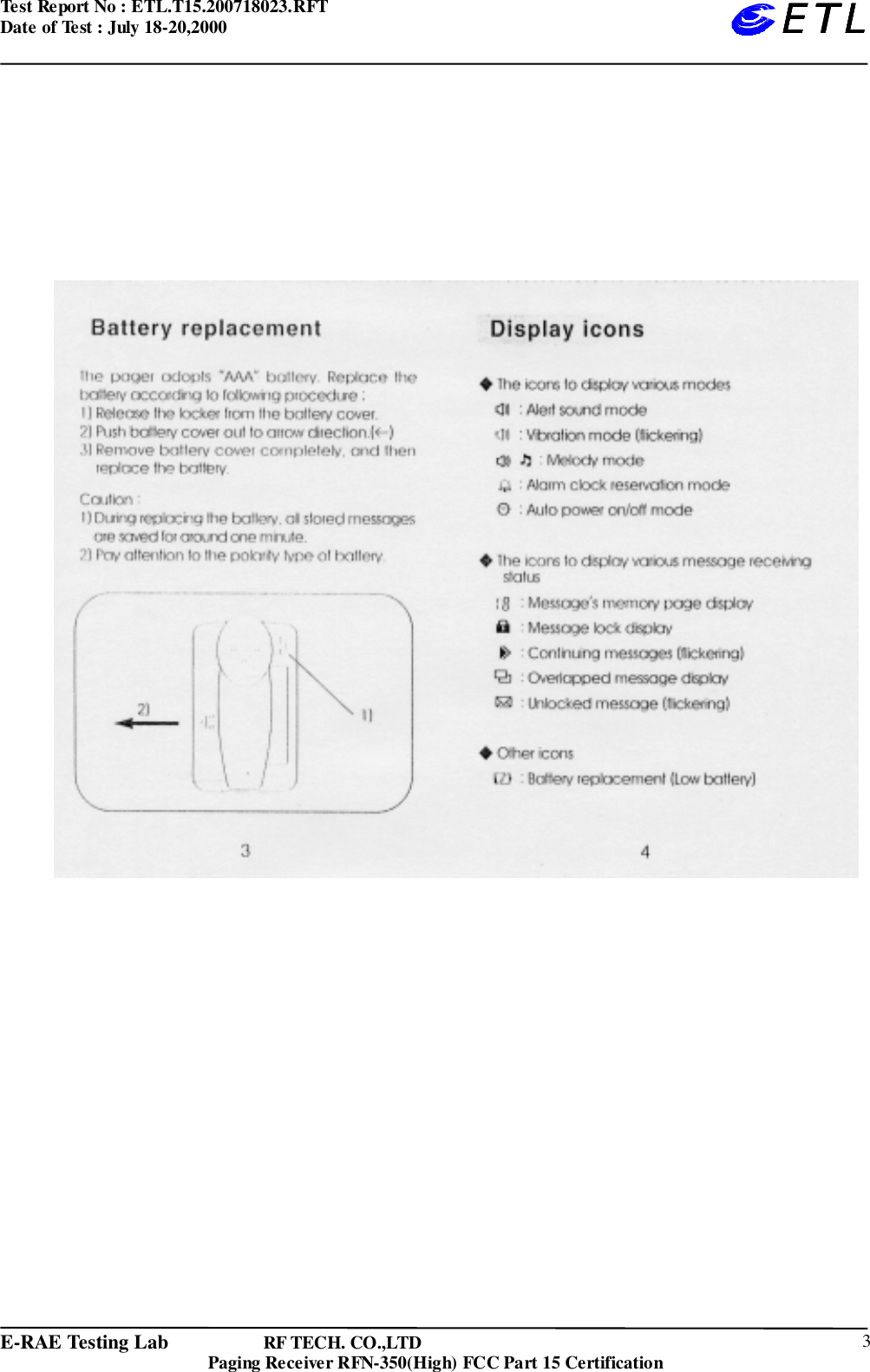 Test Report No : ETL.T15.200718023.RFTDate of Test : July 18-20,2000E-RAE Testing Lab                   RF TECH. CO.,LTDPaging Receiver RFN-350(High) FCC Part 15 Certification 3ETLETLETLETL