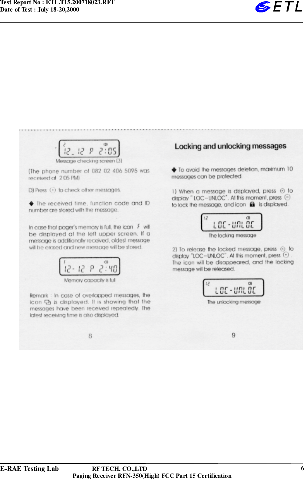 Test Report No : ETL.T15.200718023.RFTDate of Test : July 18-20,2000E-RAE Testing Lab                   RF TECH. CO.,LTDPaging Receiver RFN-350(High) FCC Part 15 Certification 6ETLETLETLETL