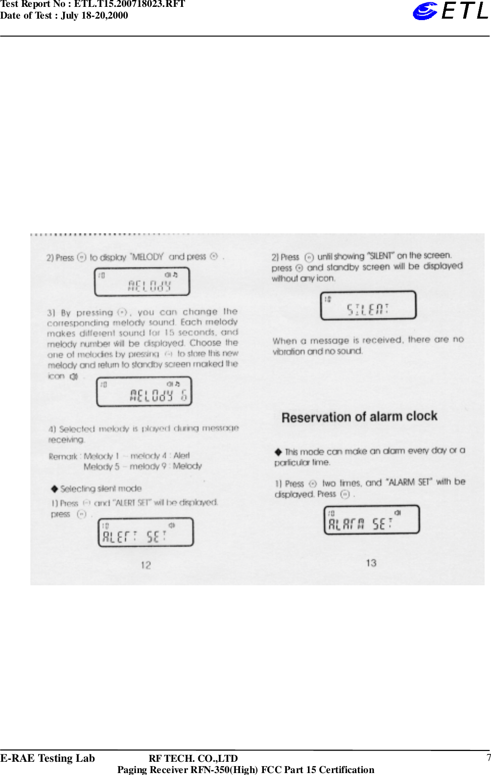 Test Report No : ETL.T15.200718023.RFTDate of Test : July 18-20,2000E-RAE Testing Lab                   RF TECH. CO.,LTDPaging Receiver RFN-350(High) FCC Part 15 Certification 7ETLETLETLETL