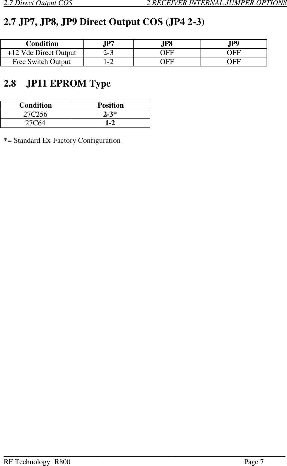 ___________________________________________________________________________ RF Technology  R800    Page 7  2.7 Direct Output COS       2 RECEIVER INTERNAL JUMPER OPTIONS  2.7 JP7, JP8, JP9 Direct Output COS (JP4 2-3)  Condition JP7 JP8 JP9 +12 Vdc Direct Output  2-3  OFF OFF Free Switch Output  1-2  OFF OFF  2.8 JP11 EPROM Type  Condition Position 27C256 2-3* 27C64 1-2  *= Standard Ex-Factory Configuration                               
