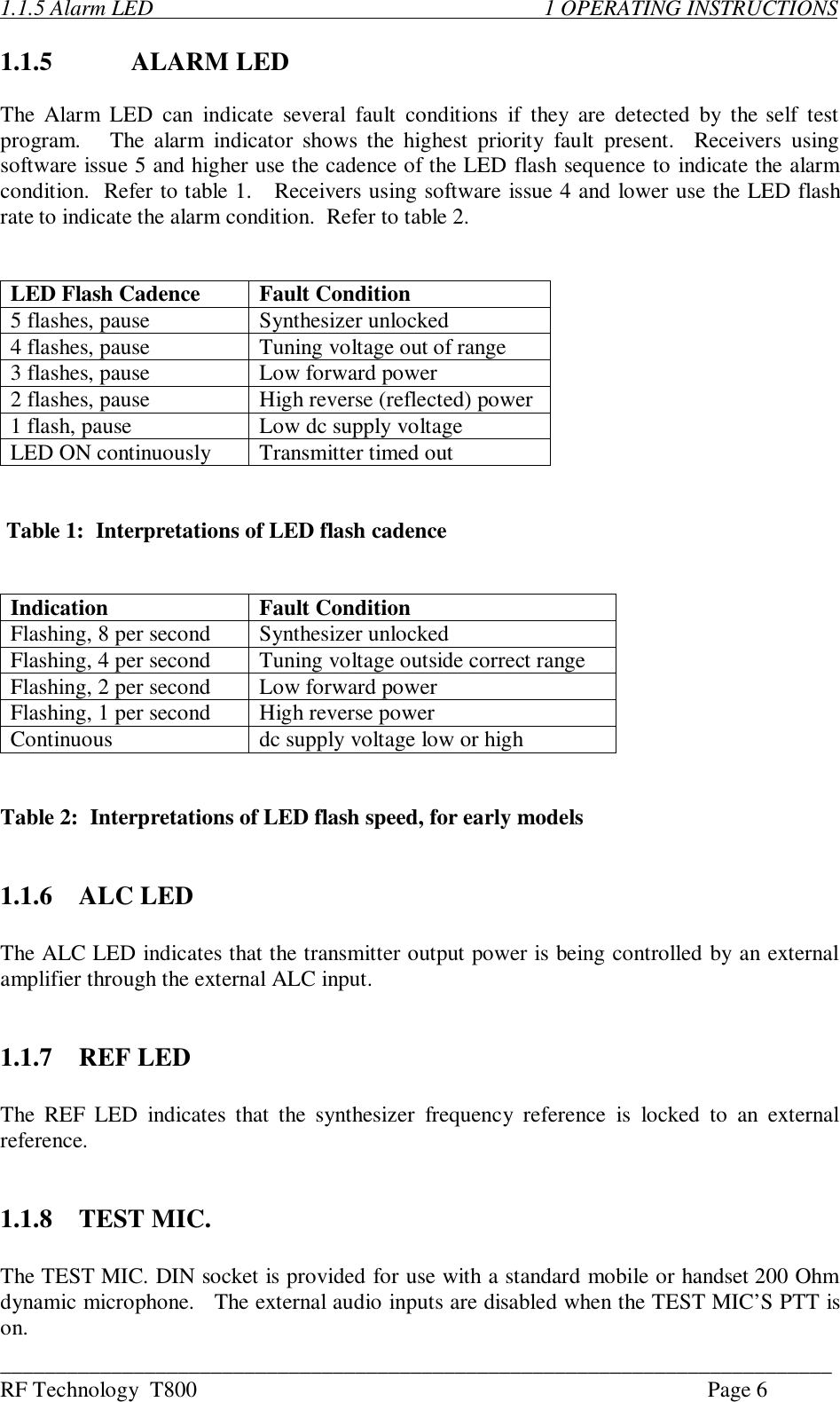 ___________________________________________________________________________RF Technology  T800 Page 61.1.5 Alarm LED                                                                       1 OPERATING INSTRUCTIONS1.1.5 ALARM LEDThe  Alarm  LED  can  indicate  several  fault  conditions  if  they  are  detected by  the self  testprogram.     The  alarm  indicator  shows  the  highest  priority  fault  present.   Receivers  usingsoftware issue 5 and higher use the cadence of the LED flash sequence to indicate the alarmcondition.  Refer to table 1.   Receivers using software issue 4 and lower use the LED flashrate to indicate the alarm condition.  Refer to table 2.LED Flash Cadence Fault Condition5 flashes, pause Synthesizer unlocked4 flashes, pause Tuning voltage out of range3 flashes, pause Low forward power2 flashes, pause High reverse (reflected) power1 flash, pause Low dc supply voltageLED ON continuouslyTransmitter timed out Table 1:  Interpretations of LED flash cadenceIndication Fault ConditionFlashing, 8 per second Synthesizer unlockedFlashing, 4 per second Tuning voltage outside correct rangeFlashing, 2 per second Low forward powerFlashing, 1 per second High reverse powerContinuous dc supply voltage low or highTable 2:  Interpretations of LED flash speed, for early models1.1.6 ALC LEDThe ALC LED indicates that the transmitter output power is being controlled by an externalamplifier through the external ALC input.1.1.7 REF LEDThe REF LED  indicates  that the  synthesizer  frequency  reference  is  locked  to  an  externalreference.1.1.8 TEST MIC.The TEST MIC. DIN socket is provided for use with a standard mobile or handset 200 Ohmdynamic microphone.   The external audio inputs are disabled when the TEST MIC’S PTT ison.