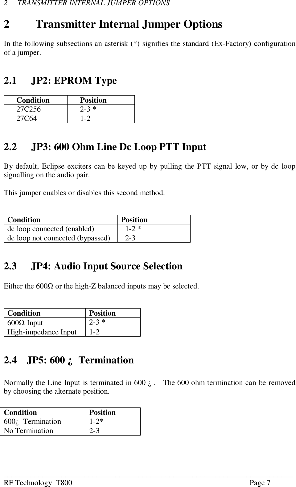 ___________________________________________________________________________RF Technology  T800 Page 72TRANSMITTER INTERNAL JUMPER OPTIONS2Transmitter Internal Jumper OptionsIn the following subsections an asterisk (*) signifies the standard (Ex-Factory) configurationof a jumper.2.1 JP2: EPROM TypeCondition Position27C256 2-3 *27C64 1-22.2 JP3: 600 Ohm Line Dc Loop PTT InputBy default, Eclipse exciters can be keyed up by pulling the PTT signal low, or by dc loopsignalling on the audio pair.This jumper enables or disables this second method.Condition Positiondc loop connected (enabled)   1-2 *dc loop not connected (bypassed)   2-32.3 JP4: Audio Input Source SelectionEither the 600Ω or the high-Z balanced inputs may be selected.Condition Position600Ω Input 2-3 *High-impedance Input 1-22.4 JP5: 600 ¿  TerminationNormally the Line Input is terminated in 600 ¿ .   The 600 ohm termination can be removedby choosing the alternate position.Condition Position600¿  Termination 1-2*No Termination 2-3