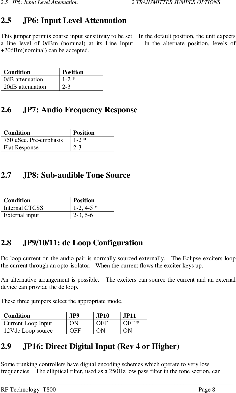 ___________________________________________________________________________RF Technology  T800 Page 82.5 JP6: Input Level Attenuation               2 TRANSMITTER JUMPER OPTIONS2.5 JP6: Input Level AttenuationThis jumper permits coarse input sensitivity to be set.   In the default position, the unit expectsa  line  level  of  0dBm  (nominal)  at  its  Line  Input.      In  the  alternate  position,  levels  of+20dBm(nominal) can be accepted.Condition Position0dB attenuation 1-2 *20dB attenuation 2-32.6 JP7: Audio Frequency ResponseCondition Position750 uSec. Pre-emphasis 1-2 *Flat Response 2-32.7 JP8: Sub-audible Tone SourceCondition PositionInternal CTCSS 1-2, 4-5 *External input 2-3, 5-62.8 JP9/10/11: dc Loop ConfigurationDc loop current on the audio pair is normally sourced externally.   The Eclipse exciters loopthe current through an opto-isolator.   When the current flows the exciter keys up.An alternative arrangement is possible.   The exciters can source the current and an externaldevice can provide the dc loop.These three jumpers select the appropriate mode.Condition JP9 JP10 JP11Current Loop Input ON OFF OFF *12Vdc Loop source OFF ON ON2.9 JP16: Direct Digital Input (Rev 4 or Higher)Some trunking controllers have digital encoding schemes which operate to very lowfrequencies.   The elliptical filter, used as a 250Hz low pass filter in the tone section, can