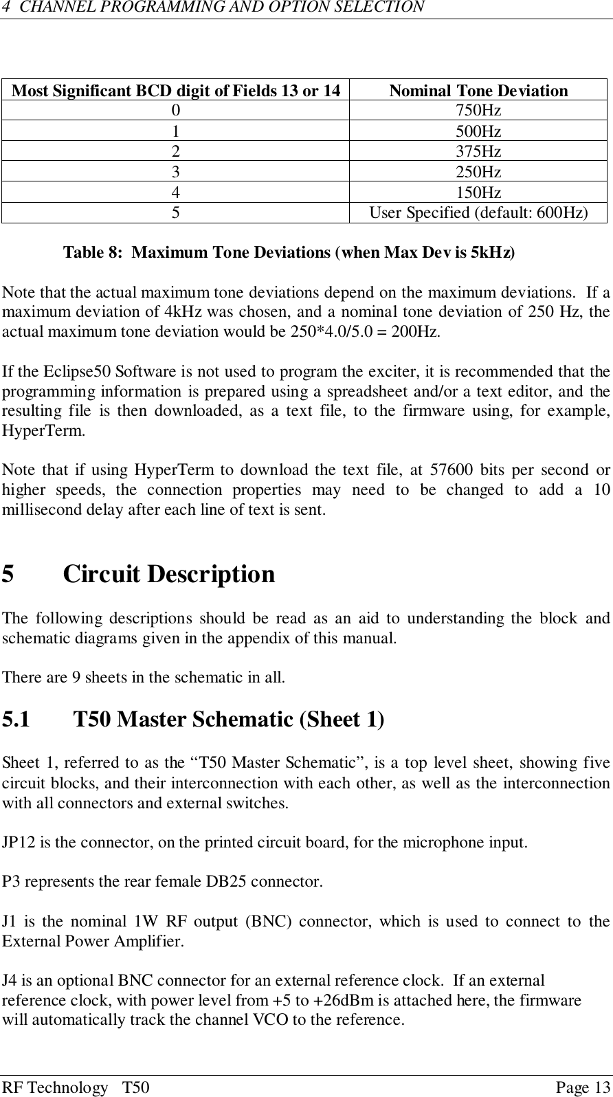 RF Technology   T50 Page 134  CHANNEL PROGRAMMING AND OPTION SELECTIONMost Significant BCD digit of Fields 13 or 14 Nominal Tone Deviation0 750Hz1 500Hz2 375Hz3 250Hz4 150Hz5 User Specified (default: 600Hz)Table 8:  Maximum Tone Deviations (when Max Dev is 5kHz)Note that the actual maximum tone deviations depend on the maximum deviations.  If amaximum deviation of 4kHz was chosen, and a nominal tone deviation of 250 Hz, theactual maximum tone deviation would be 250*4.0/5.0 = 200Hz.If the Eclipse50 Software is not used to program the exciter, it is recommended that theprogramming information is prepared using a spreadsheet and/or a text editor, and theresulting file is then downloaded, as a text file, to the firmware using, for example,HyperTerm.Note that if using HyperTerm to download the text file, at 57600 bits per second orhigher speeds, the connection properties may need to be changed to add a 10millisecond delay after each line of text is sent.5 Circuit DescriptionThe following descriptions should be read as an aid to understanding the block andschematic diagrams given in the appendix of this manual.There are 9 sheets in the schematic in all.5.1 T50 Master Schematic (Sheet 1)Sheet 1, referred to as the “T50 Master Schematic”, is a top level sheet, showing fivecircuit blocks, and their interconnection with each other, as well as the interconnectionwith all connectors and external switches.JP12 is the connector, on the printed circuit board, for the microphone input.P3 represents the rear female DB25 connector.J1 is the nominal 1W RF output (BNC) connector, which is used to connect to theExternal Power Amplifier.J4 is an optional BNC connector for an external reference clock.  If an externalreference clock, with power level from +5 to +26dBm is attached here, the firmwarewill automatically track the channel VCO to the reference.