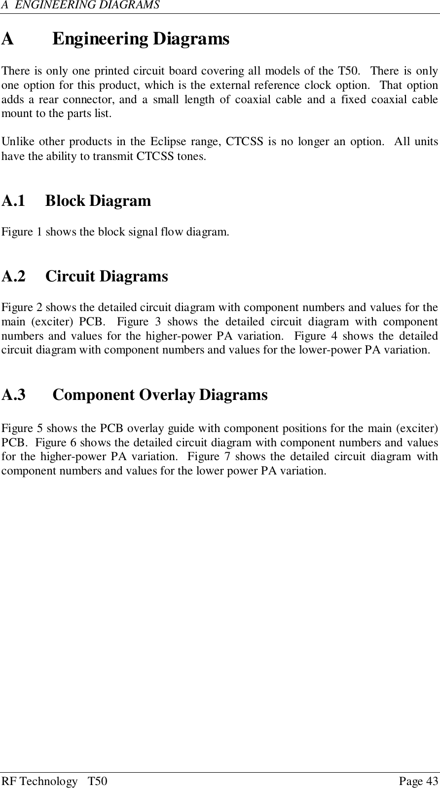 RF Technology   T50 Page 43A  ENGINEERING DIAGRAMSA Engineering DiagramsThere is only one printed circuit board covering all models of the T50.  There is onlyone option for this product, which is the external reference clock option.  That optionadds a rear connector, and a small length of coaxial cable and a fixed coaxial cablemount to the parts list.Unlike other products in the Eclipse range, CTCSS is no longer an option.  All unitshave the ability to transmit CTCSS tones.A.1 Block DiagramFigure 1 shows the block signal flow diagram.A.2 Circuit DiagramsFigure 2 shows the detailed circuit diagram with component numbers and values for themain (exciter) PCB.  Figure 3 shows the detailed circuit diagram with componentnumbers and values for the higher-power PA variation.  Figure 4 shows the detailedcircuit diagram with component numbers and values for the lower-power PA variation.A.3 Component Overlay DiagramsFigure 5 shows the PCB overlay guide with component positions for the main (exciter)PCB.  Figure 6 shows the detailed circuit diagram with component numbers and valuesfor the higher-power PA variation.  Figure 7 shows the detailed circuit diagram withcomponent numbers and values for the lower power PA variation.