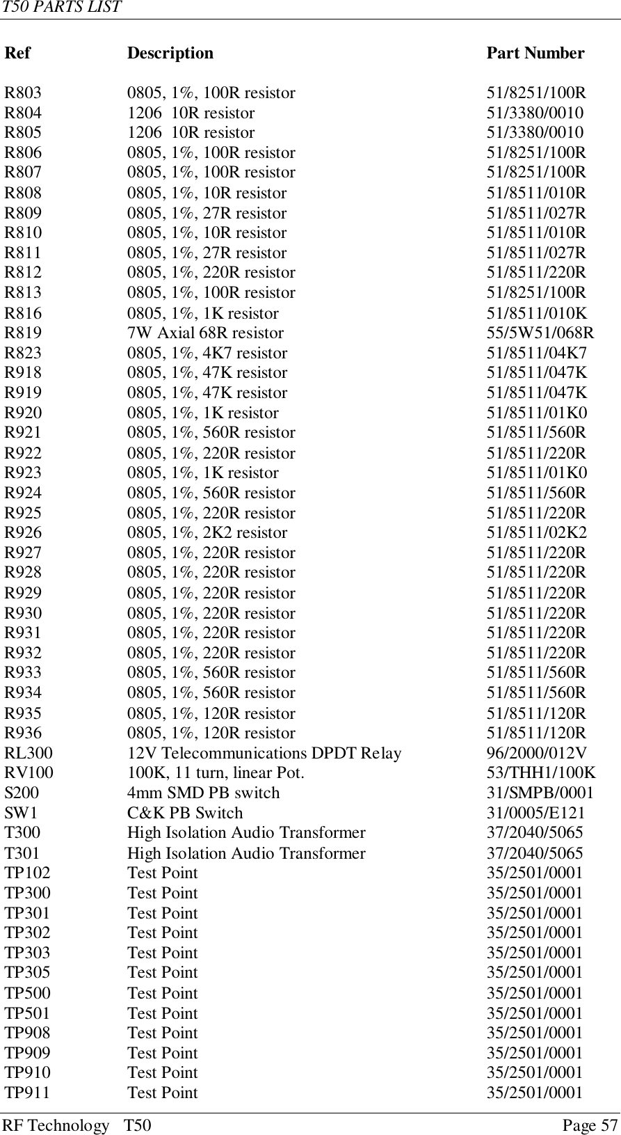 T50 PARTS LISTRF Technology   T50 Page 57Ref Description Part NumberR803 0805, 1%, 100R resistor 51/8251/100RR804 1206  10R resistor 51/3380/0010R805 1206  10R resistor 51/3380/0010R806 0805, 1%, 100R resistor 51/8251/100RR807 0805, 1%, 100R resistor 51/8251/100RR808 0805, 1%, 10R resistor 51/8511/010RR809 0805, 1%, 27R resistor 51/8511/027RR810 0805, 1%, 10R resistor 51/8511/010RR811 0805, 1%, 27R resistor 51/8511/027RR812 0805, 1%, 220R resistor 51/8511/220RR813 0805, 1%, 100R resistor 51/8251/100RR816 0805, 1%, 1K resistor 51/8511/010KR819 7W Axial 68R resistor 55/5W51/068RR823 0805, 1%, 4K7 resistor 51/8511/04K7R918 0805, 1%, 47K resistor 51/8511/047KR919 0805, 1%, 47K resistor 51/8511/047KR920 0805, 1%, 1K resistor 51/8511/01K0R921 0805, 1%, 560R resistor 51/8511/560RR922 0805, 1%, 220R resistor 51/8511/220RR923 0805, 1%, 1K resistor 51/8511/01K0R924 0805, 1%, 560R resistor 51/8511/560RR925 0805, 1%, 220R resistor 51/8511/220RR926 0805, 1%, 2K2 resistor 51/8511/02K2R927 0805, 1%, 220R resistor 51/8511/220RR928 0805, 1%, 220R resistor 51/8511/220RR929 0805, 1%, 220R resistor 51/8511/220RR930 0805, 1%, 220R resistor 51/8511/220RR931 0805, 1%, 220R resistor 51/8511/220RR932 0805, 1%, 220R resistor 51/8511/220RR933 0805, 1%, 560R resistor 51/8511/560RR934 0805, 1%, 560R resistor 51/8511/560RR935 0805, 1%, 120R resistor 51/8511/120RR936 0805, 1%, 120R resistor 51/8511/120RRL300 12V Telecommunications DPDT Relay 96/2000/012VRV100 100K, 11 turn, linear Pot. 53/THH1/100KS200 4mm SMD PB switch 31/SMPB/0001SW1 C&amp;K PB Switch 31/0005/E121T300 High Isolation Audio Transformer 37/2040/5065T301 High Isolation Audio Transformer 37/2040/5065TP102 Test Point 35/2501/0001TP300 Test Point 35/2501/0001TP301 Test Point 35/2501/0001TP302 Test Point 35/2501/0001TP303 Test Point 35/2501/0001TP305 Test Point 35/2501/0001TP500 Test Point 35/2501/0001TP501 Test Point 35/2501/0001TP908 Test Point 35/2501/0001TP909 Test Point 35/2501/0001TP910 Test Point 35/2501/0001TP911 Test Point 35/2501/0001