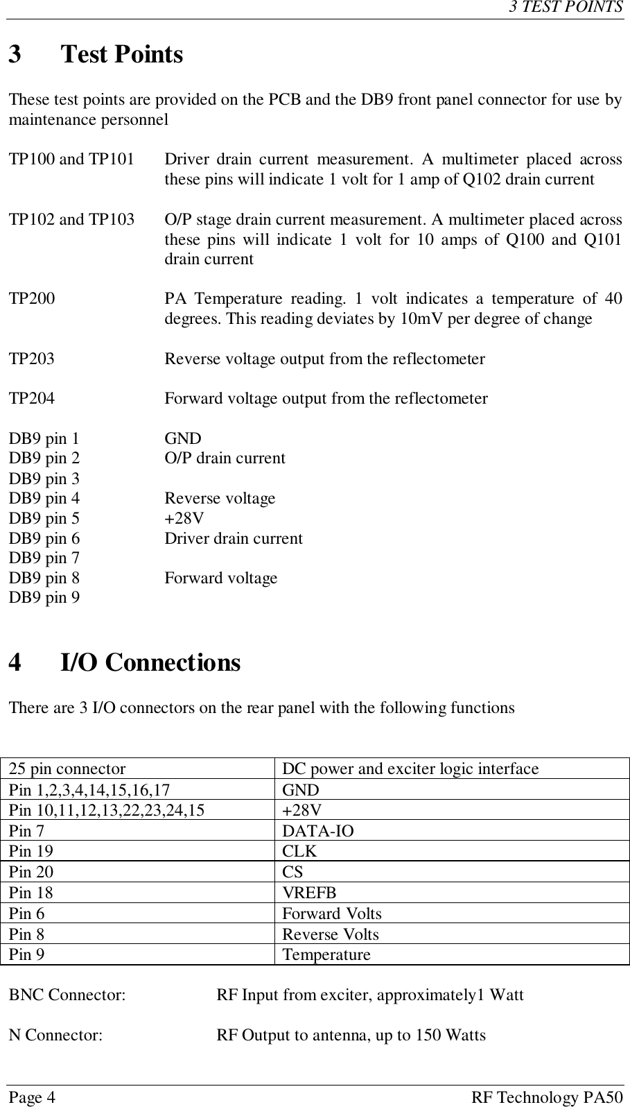 Page 4 RF Technology PA503 TEST POINTS3 Test PointsThese test points are provided on the PCB and the DB9 front panel connector for use bymaintenance personnelTP100 and TP101 Driver drain current measurement. A multimeter placed acrossthese pins will indicate 1 volt for 1 amp of Q102 drain currentTP102 and TP103 O/P stage drain current measurement. A multimeter placed acrossthese pins will indicate 1 volt for 10 amps of Q100 and Q101drain currentTP200 PA Temperature reading. 1 volt indicates a temperature of 40degrees. This reading deviates by 10mV per degree of changeTP203 Reverse voltage output from the reflectometerTP204 Forward voltage output from the reflectometerDB9 pin 1 GNDDB9 pin 2 O/P drain currentDB9 pin 3DB9 pin 4 Reverse voltageDB9 pin 5 +28VDB9 pin 6 Driver drain currentDB9 pin 7DB9 pin 8 Forward voltageDB9 pin 94 I/O ConnectionsThere are 3 I/O connectors on the rear panel with the following functions25 pin connector DC power and exciter logic interfacePin 1,2,3,4,14,15,16,17 GNDPin 10,11,12,13,22,23,24,15 +28VPin 7 DATA-IOPin 19 CLKPin 20 CSPin 18 VREFBPin 6 Forward VoltsPin 8 Reverse VoltsPin 9 TemperatureBNC Connector: RF Input from exciter, approximately1 WattN Connector: RF Output to antenna, up to 150 Watts