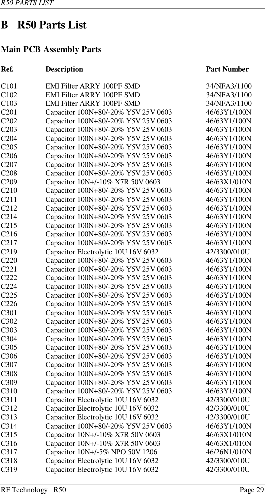 R50 PARTS LISTRF Technology   R50 Page 29B   R50 Parts ListMain PCB Assembly PartsRef. Description Part NumberC101 EMI Filter ARRY 100PF SMD 34/NFA3/1100C102 EMI Filter ARRY 100PF SMD 34/NFA3/1100C103 EMI Filter ARRY 100PF SMD 34/NFA3/1100C201 Capacitor 100N+80/-20% Y5V 25V 0603 46/63Y1/100NC202 Capacitor 100N+80/-20% Y5V 25V 0603 46/63Y1/100NC203 Capacitor 100N+80/-20% Y5V 25V 0603 46/63Y1/100NC204 Capacitor 100N+80/-20% Y5V 25V 0603 46/63Y1/100NC205 Capacitor 100N+80/-20% Y5V 25V 0603 46/63Y1/100NC206 Capacitor 100N+80/-20% Y5V 25V 0603 46/63Y1/100NC207 Capacitor 100N+80/-20% Y5V 25V 0603 46/63Y1/100NC208 Capacitor 100N+80/-20% Y5V 25V 0603 46/63Y1/100NC209 Capacitor 10N+/-10% X7R 50V 0603 46/63X1/010NC210 Capacitor 100N+80/-20% Y5V 25V 0603 46/63Y1/100NC211 Capacitor 100N+80/-20% Y5V 25V 0603 46/63Y1/100NC212 Capacitor 100N+80/-20% Y5V 25V 0603 46/63Y1/100NC214 Capacitor 100N+80/-20% Y5V 25V 0603 46/63Y1/100NC215 Capacitor 100N+80/-20% Y5V 25V 0603 46/63Y1/100NC216 Capacitor 100N+80/-20% Y5V 25V 0603 46/63Y1/100NC217 Capacitor 100N+80/-20% Y5V 25V 0603 46/63Y1/100NC219 Capacitor Electrolytic 10U 16V 6032 42/3300/010UC220 Capacitor 100N+80/-20% Y5V 25V 0603 46/63Y1/100NC221 Capacitor 100N+80/-20% Y5V 25V 0603 46/63Y1/100NC222 Capacitor 100N+80/-20% Y5V 25V 0603 46/63Y1/100NC224 Capacitor 100N+80/-20% Y5V 25V 0603 46/63Y1/100NC225 Capacitor 100N+80/-20% Y5V 25V 0603 46/63Y1/100NC226 Capacitor 100N+80/-20% Y5V 25V 0603 46/63Y1/100NC301 Capacitor 100N+80/-20% Y5V 25V 0603 46/63Y1/100NC302 Capacitor 100N+80/-20% Y5V 25V 0603 46/63Y1/100NC303 Capacitor 100N+80/-20% Y5V 25V 0603 46/63Y1/100NC304 Capacitor 100N+80/-20% Y5V 25V 0603 46/63Y1/100NC305 Capacitor 100N+80/-20% Y5V 25V 0603 46/63Y1/100NC306 Capacitor 100N+80/-20% Y5V 25V 0603 46/63Y1/100NC307 Capacitor 100N+80/-20% Y5V 25V 0603 46/63Y1/100NC308 Capacitor 100N+80/-20% Y5V 25V 0603 46/63Y1/100NC309 Capacitor 100N+80/-20% Y5V 25V 0603 46/63Y1/100NC310 Capacitor 100N+80/-20% Y5V 25V 0603 46/63Y1/100NC311 Capacitor Electrolytic 10U 16V 6032 42/3300/010UC312 Capacitor Electrolytic 10U 16V 6032 42/3300/010UC313 Capacitor Electrolytic 10U 16V 6032 42/3300/010UC314 Capacitor 100N+80/-20% Y5V 25V 0603 46/63Y1/100NC315 Capacitor 10N+/-10% X7R 50V 0603 46/63X1/010NC316 Capacitor 10N+/-10% X7R 50V 0603 46/63X1/010NC317 Capacitor 10N+/-5% NPO 50V 1206 46/26N1/010NC318 Capacitor Electrolytic 10U 16V 6032 42/3300/010UC319 Capacitor Electrolytic 10U 16V 6032 42/3300/010U
