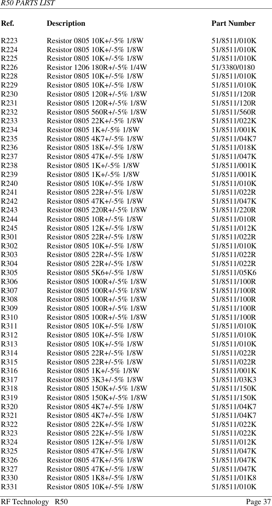 R50 PARTS LISTRF Technology   R50 Page 37Ref. Description Part NumberR223 Resistor 0805 10K+/-5% 1/8W 51/8511/010KR224 Resistor 0805 10K+/-5% 1/8W 51/8511/010KR225 Resistor 0805 10K+/-5% 1/8W 51/8511/010KR226 Resistor 1206 180R+/-5% 1/4W 51/3380/0180R228 Resistor 0805 10K+/-5% 1/8W 51/8511/010KR229 Resistor 0805 10K+/-5% 1/8W 51/8511/010KR230 Resistor 0805 120R+/-5% 1/8W 51/8511/120RR231 Resistor 0805 120R+/-5% 1/8W 51/8511/120RR232 Resistor 0805 560R+/-5% 1/8W 51/8511/560RR233 Resistor 0805 22K+/-5% 1/8W 51/8511/022KR234 Resistor 0805 1K+/-5% 1/8W 51/8511/001KR235 Resistor 0805 4K7+/-5% 1/8W 51/8511/04K7R236 Resistor 0805 18K+/-5% 1/8W 51/8511/018KR237 Resistor 0805 47K+/-5% 1/8W 51/8511/047KR238 Resistor 0805 1K+/-5% 1/8W 51/8511/001KR239 Resistor 0805 1K+/-5% 1/8W 51/8511/001KR240 Resistor 0805 10K+/-5% 1/8W 51/8511/010KR241 Resistor 0805 22R+/-5% 1/8W 51/8511/022RR242 Resistor 0805 47K+/-5% 1/8W 51/8511/047KR243 Resistor 0805 220R+/-5% 1/8W 51/8511/220RR244 Resistor 0805 10R+/-5% 1/8W 51/8511/010RR245 Resistor 0805 12K+/-5% 1/8W 51/8511/012KR301 Resistor 0805 22R+/-5% 1/8W 51/8511/022RR302 Resistor 0805 10K+/-5% 1/8W 51/8511/010KR303 Resistor 0805 22R+/-5% 1/8W 51/8511/022RR304 Resistor 0805 22R+/-5% 1/8W 51/8511/022RR305 Resistor 0805 5K6+/-5% 1/8W 51/8511/05K6R306 Resistor 0805 100R+/-5% 1/8W 51/8511/100RR307 Resistor 0805 100R+/-5% 1/8W 51/8511/100RR308 Resistor 0805 100R+/-5% 1/8W 51/8511/100RR309 Resistor 0805 100R+/-5% 1/8W 51/8511/100RR310 Resistor 0805 100R+/-5% 1/8W 51/8511/100RR311 Resistor 0805 10K+/-5% 1/8W 51/8511/010KR312 Resistor 0805 10K+/-5% 1/8W 51/8511/010KR313 Resistor 0805 10K+/-5% 1/8W 51/8511/010KR314 Resistor 0805 22R+/-5% 1/8W 51/8511/022RR315 Resistor 0805 22R+/-5% 1/8W 51/8511/022RR316 Resistor 0805 1K+/-5% 1/8W 51/8511/001KR317 Resistor 0805 3K3+/-5% 1/8W 51/8511/03K3R318 Resistor 0805 150K+/-5% 1/8W 51/8511/150KR319 Resistor 0805 150K+/-5% 1/8W 51/8511/150KR320 Resistor 0805 4K7+/-5% 1/8W 51/8511/04K7R321 Resistor 0805 4K7+/-5% 1/8W 51/8511/04K7R322 Resistor 0805 22K+/-5% 1/8W 51/8511/022KR323 Resistor 0805 22K+/-5% 1/8W 51/8511/022KR324 Resistor 0805 12K+/-5% 1/8W 51/8511/012KR325 Resistor 0805 47K+/-5% 1/8W 51/8511/047KR326 Resistor 0805 47K+/-5% 1/8W 51/8511/047KR327 Resistor 0805 47K+/-5% 1/8W 51/8511/047KR330 Resistor 0805 1K8+/-5% 1/8W 51/8511/01K8R331 Resistor 0805 10K+/-5% 1/8W 51/8511/010K